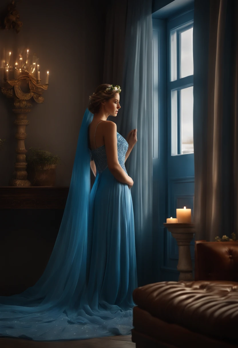 (melhor qualidade,4k,8k,Alto,master part:1.2),ultra-detalhado,(Realistic,fotorrealista,photo-realistic:1.37),SANTA,MARIA de AZUL,nuveis detalhada atras em um pallet,Behind the decoration a blue curtain with LED strips,On the side of the pallet fabrics that go all the way to the floor, luz azul, estrelas e lua , the name MARY ON the floor in 3d