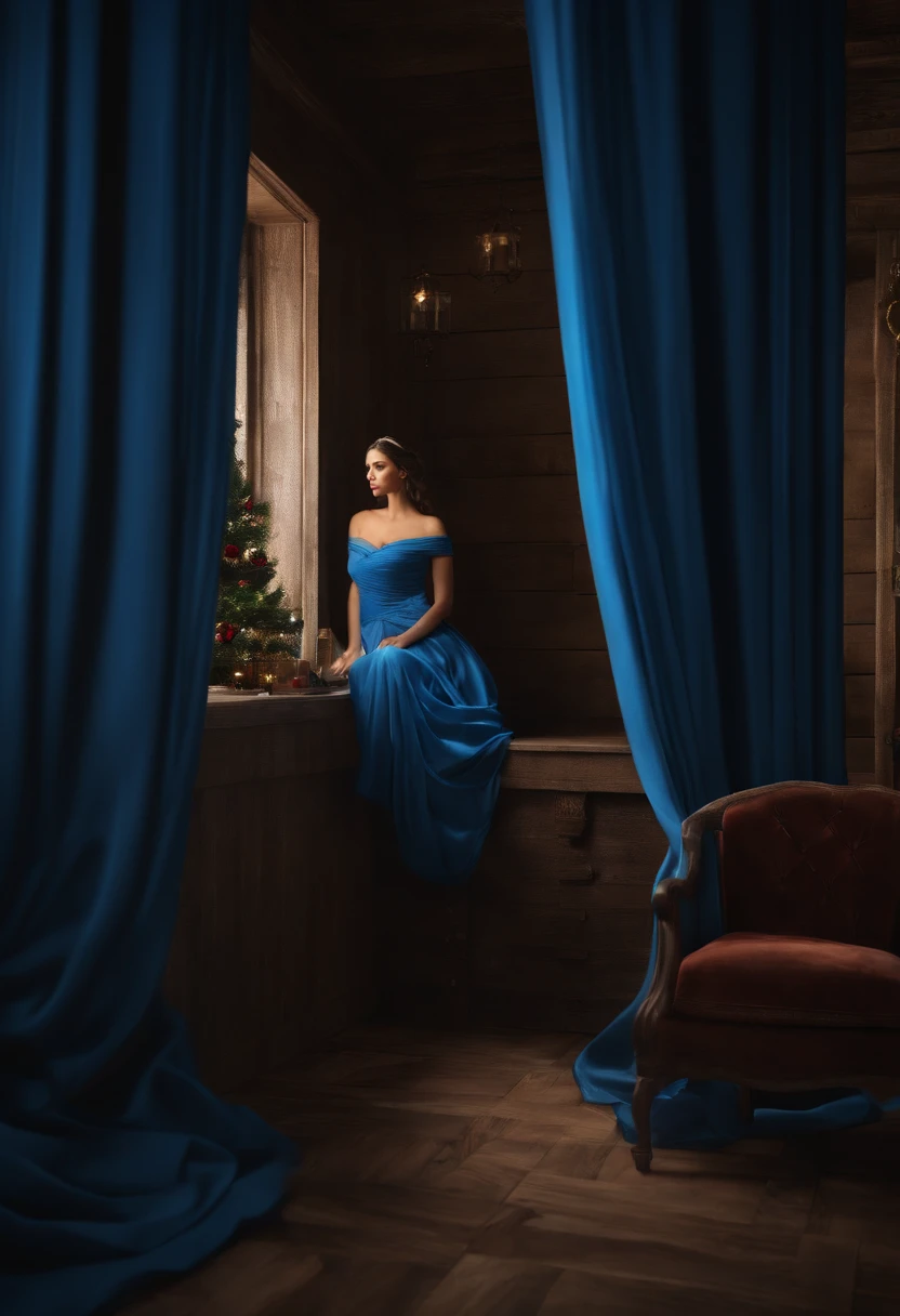 (melhor qualidade,4k,8k,Alto,master part:1.2),ultra-detalhado,(Realistic,fotorrealista,photo-realistic:1.37),SANTA,MARIA de AZUL,nuveis detalhada atras em um pallet,Behind the decoration a blue curtain with LED strips,On the side of the pallet fabrics that go all the way to the floor, luz azul, estrelas e lua , the name MARY ON the floor in 3d