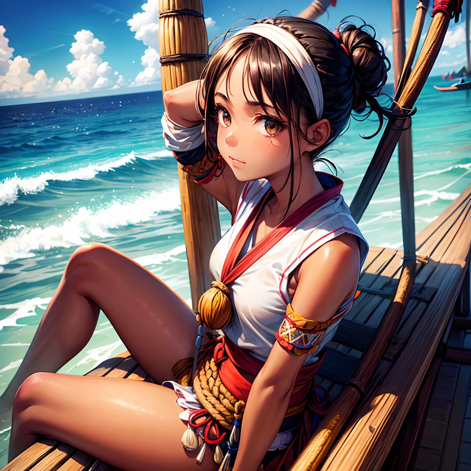 1 girl, young, messy dark hair, hairbun, hairband, tribal clothing, tan skin, sailing, holding oar, Indonesian canoe, more_details:1.5