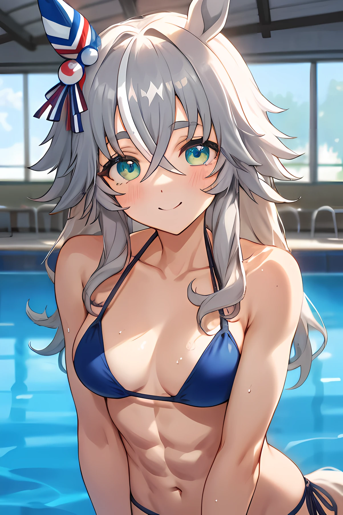 wonder acute \(umamusume\), masterpiece, best quality, ((ultra-detailed face)), muscular, abs,plain bikini, horse tail, pool, smile, upper body, detailed clear eyes, frontage,