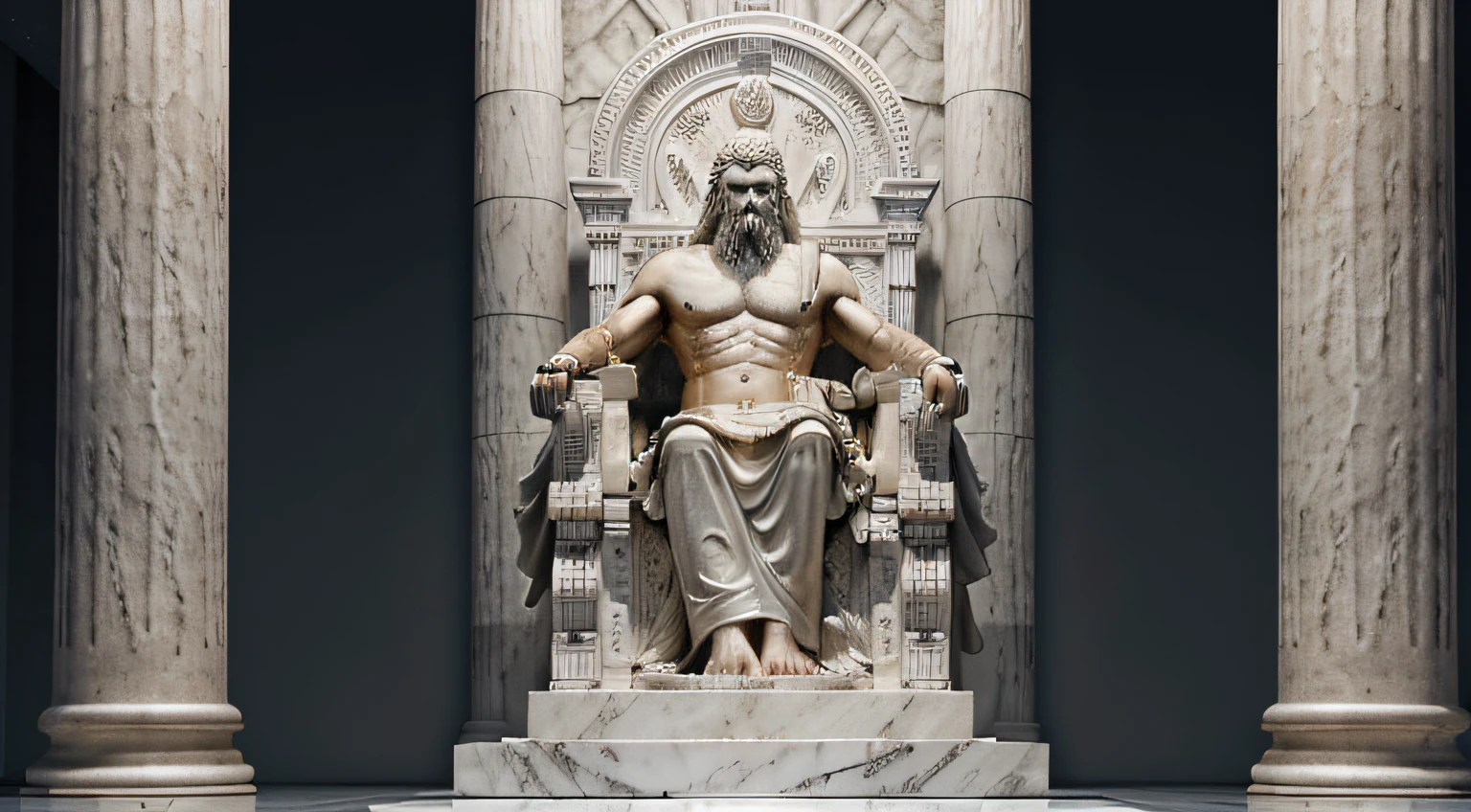 estatua grega, estoico, zeus, fundo escuro, imagen preto e branco, templo, ultra realista, mega real, 8k imagem real, forte, sentado no trono