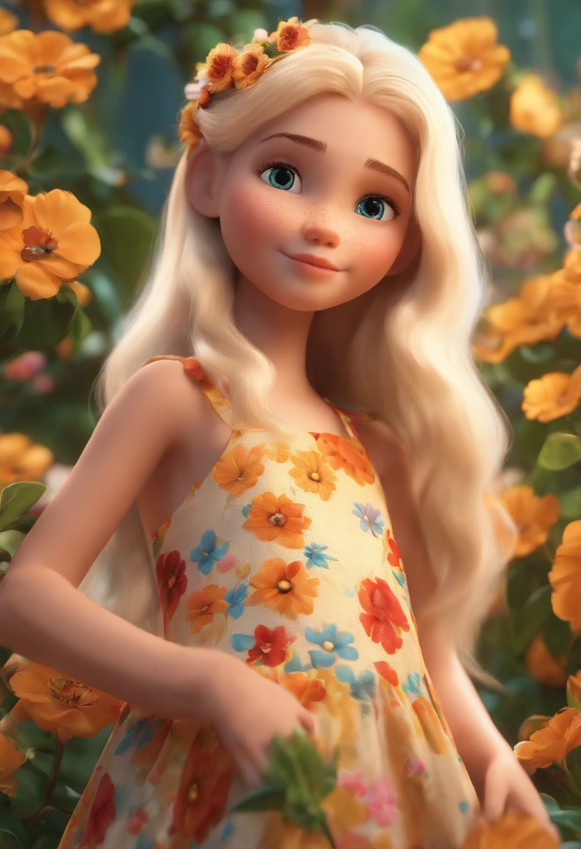 blond girl with flower dress pixar 3d 8k