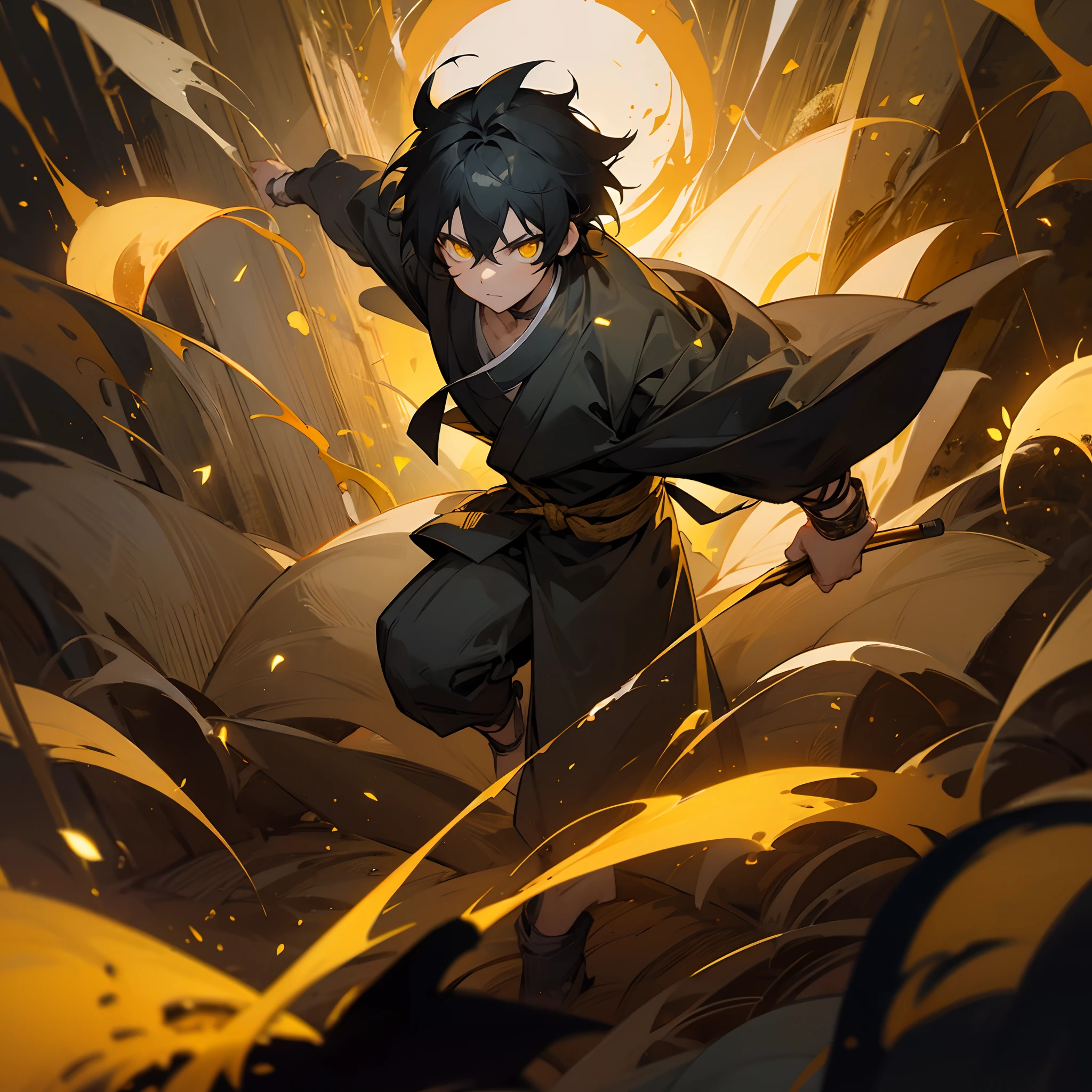 1male, , finely detailed yellow eyes, messy medium black hair, night time village, posing with hand in pocket, loose ninja clothing, walking down path, fireflies