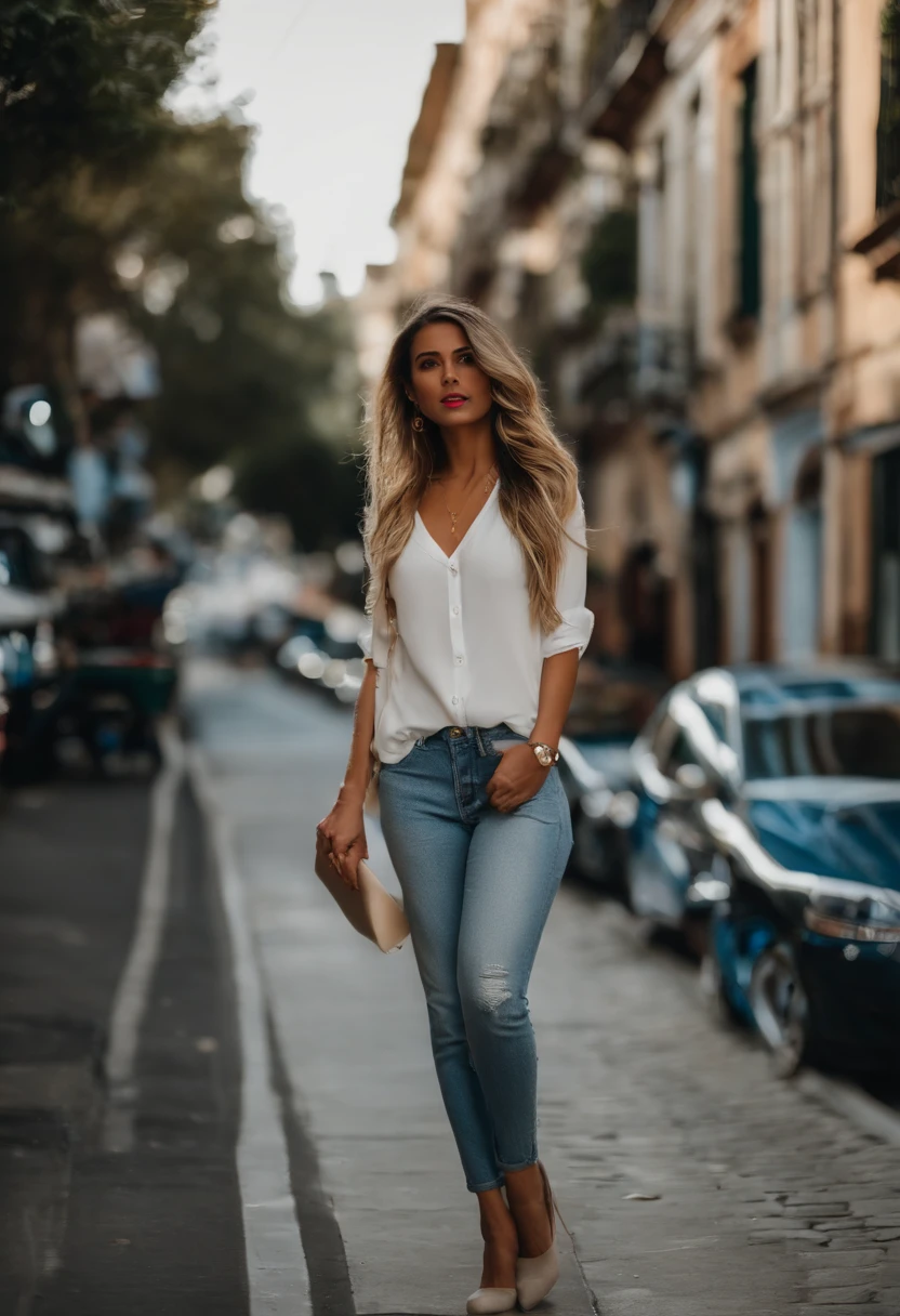 sexy latina,cuerpo completo, largo_cabello, splendid, Chica de la ciudad, escote, occidental, falda y top, chica caliente, De compras en la ciudad, (Obra maestra), La mejor calidad, High resolution, extremadamente detallado, fondo borroso, Profundidad de campo, cinematic lighting,