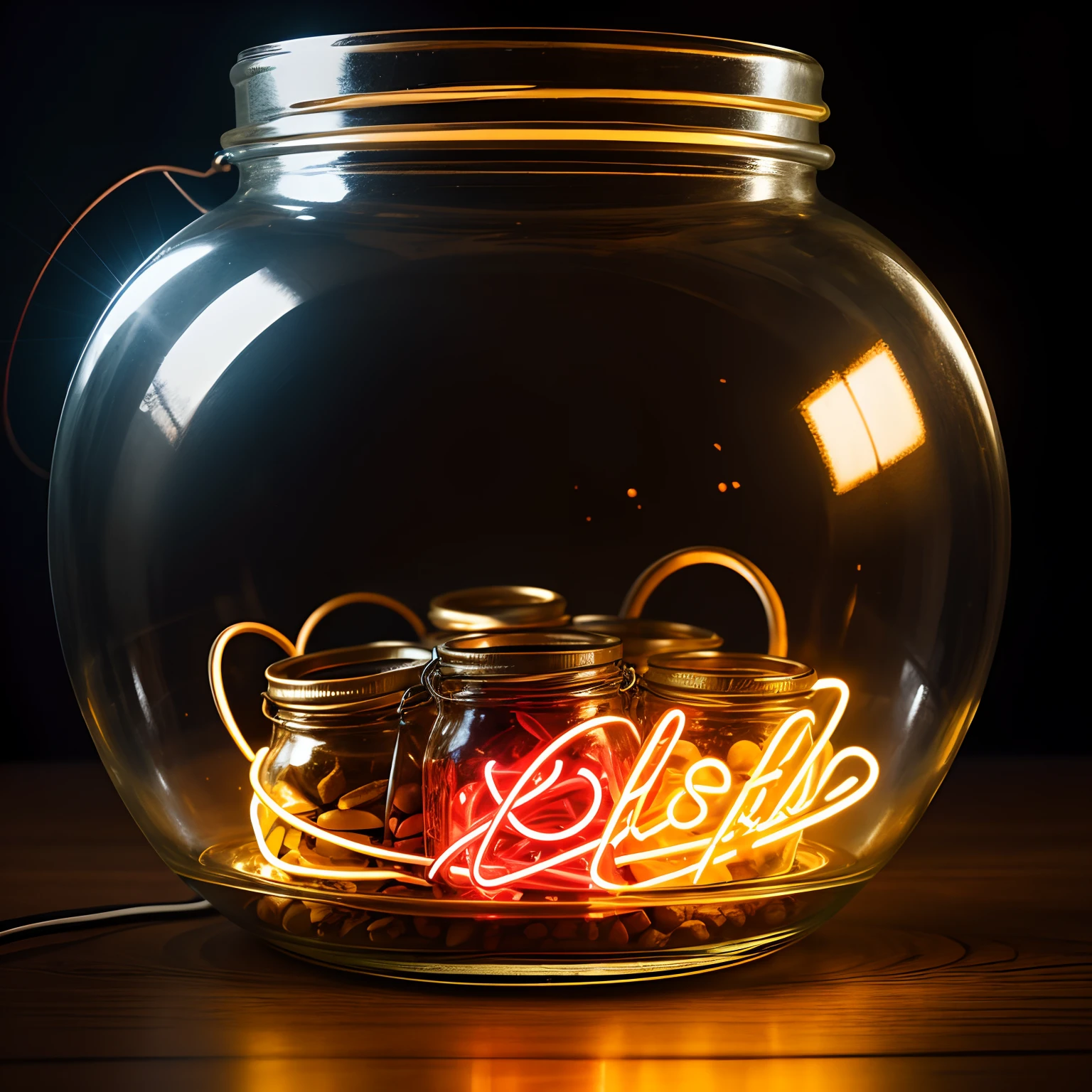 A closed jar full with colorfull neon gas in a dark room