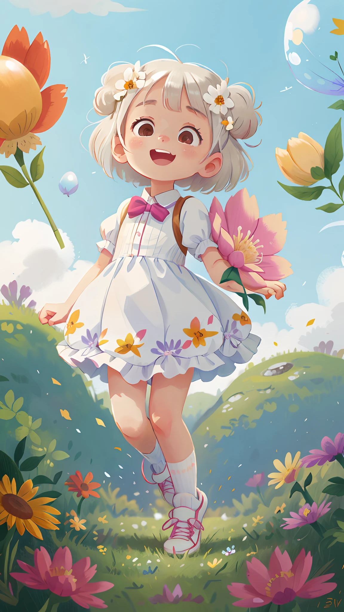 A girl holding flowers, stark white hair, colorful balloons floating in the sky, meadow, cute fluffy kitty running, dancing, holding flowers, happy, happy, perfect quality, clear focus (clutter-home: 0.8), (masterpiece: 1.2) (Realistic: 1.2) (Bokeh) (Best quality) (Detailed skin: 1.3) (Intricate details) (8K) (Detail Eyes) (Sharp Focus), (Happy)