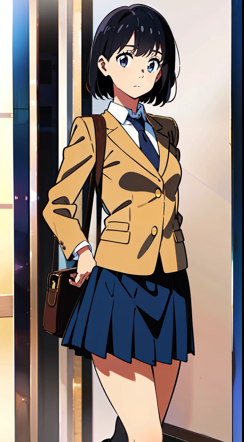 (white background:1.2), (best quality:1.2), (masterpiece:1.2), (full body), (solo:1.0), (1 cute girl:1.0), (long skirt:1.2), (dark blue skirt:1.0), (pleated skirt:1.0), (school uniform beige blazer:1.0), (dark blue necktie:1.0), (black socks:1.0), (loafers:1.0), (tall:1.0), (slender:1.0), (small breasts:1.0), (detailed beautiful eyes:1.0), (detailed beautiful face:1.0), (glowing black eyes:1.0), (short hair:1.0), (strait hair:1.0), (black hair:1.0)