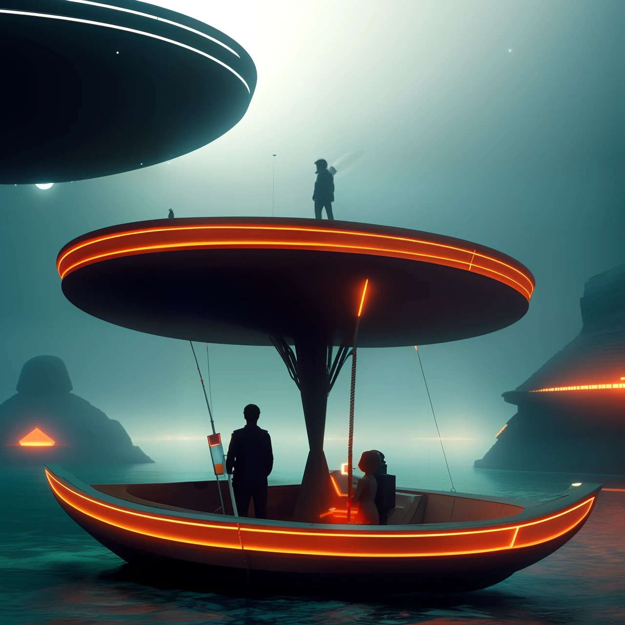 There are two people getting on a boat in the water, fantaisie. Gondoles, depicted as a scifi scene, Vaisseaux spatiaux extraterrestres, Beeple et Jean Giraud, surrealistic digital artwork, par Mike Winkelmann, Sci-fi gadgets in a pond, Soucoupes volantes, surrealist conceptual art, surreal sci fi set design, surrealist art, surreal digital art