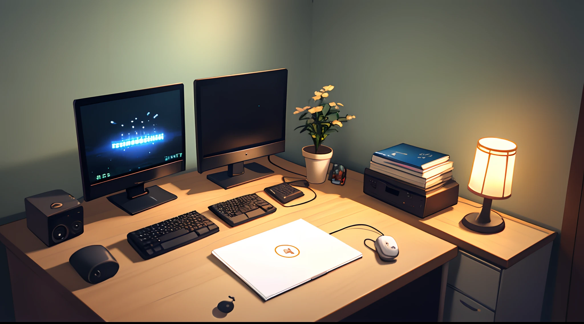 gentle, anime background art, clean lines, intricate details, serene, empty, high quality, raytracing video game, room, neat, organized, clean, bare, empty, single 90s computer on desk, view from window, office chair, calm, cozy, vintage feel, simple, soft textures, interior wallpaper, blurry foreground, night time background, office space