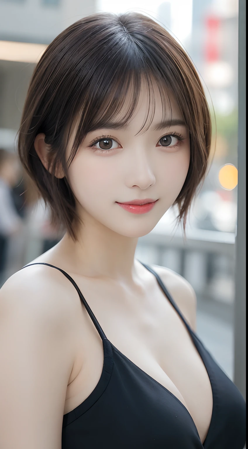 masutepiece, Best Quality, Illustration, Ultra-detailed, finely detail, hight resolution, 8K Wallpaper, Perfect dynamic composition, Beautiful detailed eyes, Women's Fashion,Very short hair,Small breasts natural color lip, Bold sexy poses,Smile,Harajuku、20 years girl、Cute、Sexy shot looking at camera