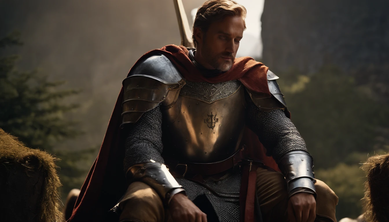 king arthur, sitting, knights next to him, 8k, cinematic, realistic