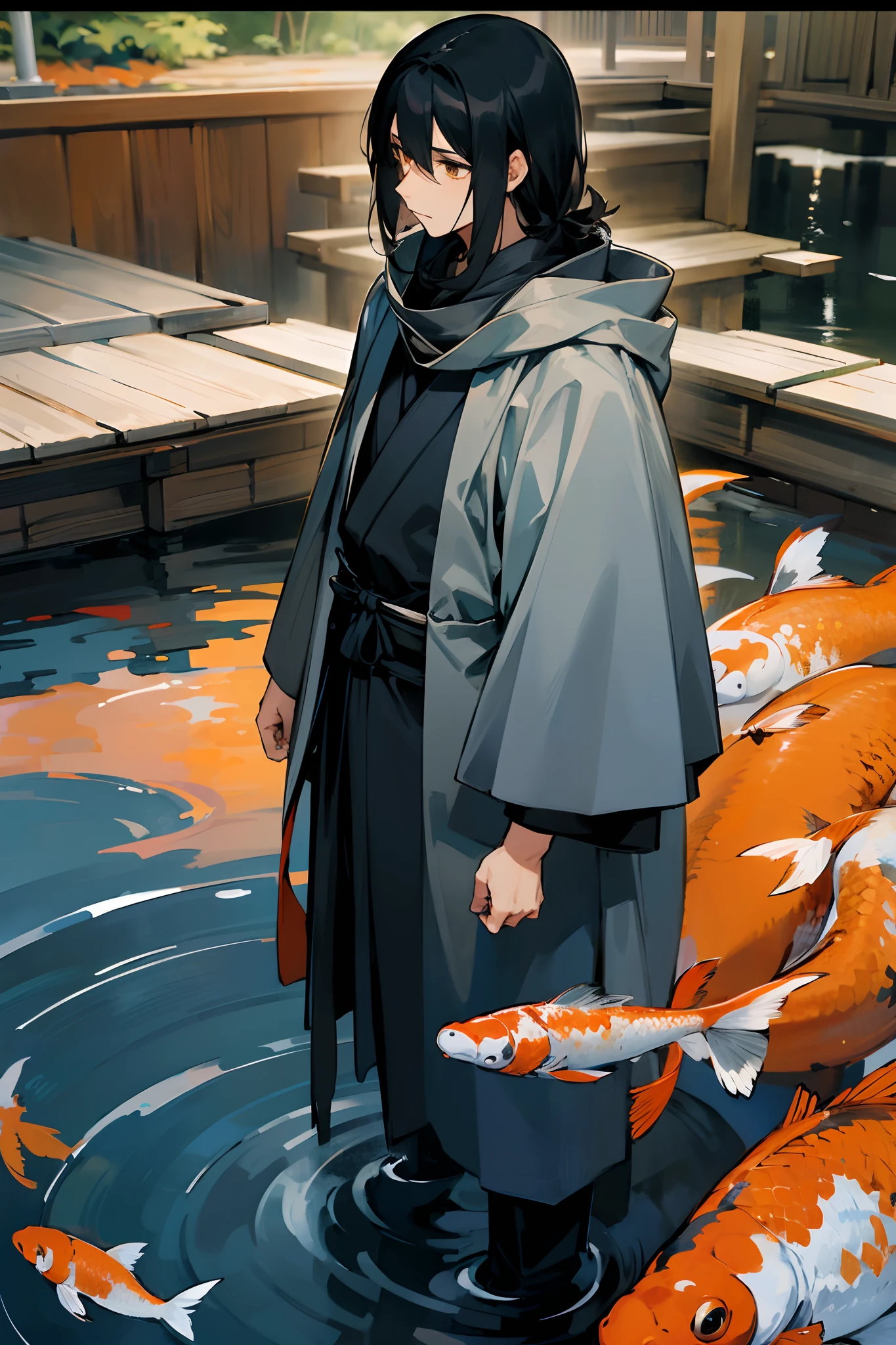1male, adult, black straight hair, medium length hair, hyuga eyes, grey yukata, blue scarf, cloak, standing on path, koi pond