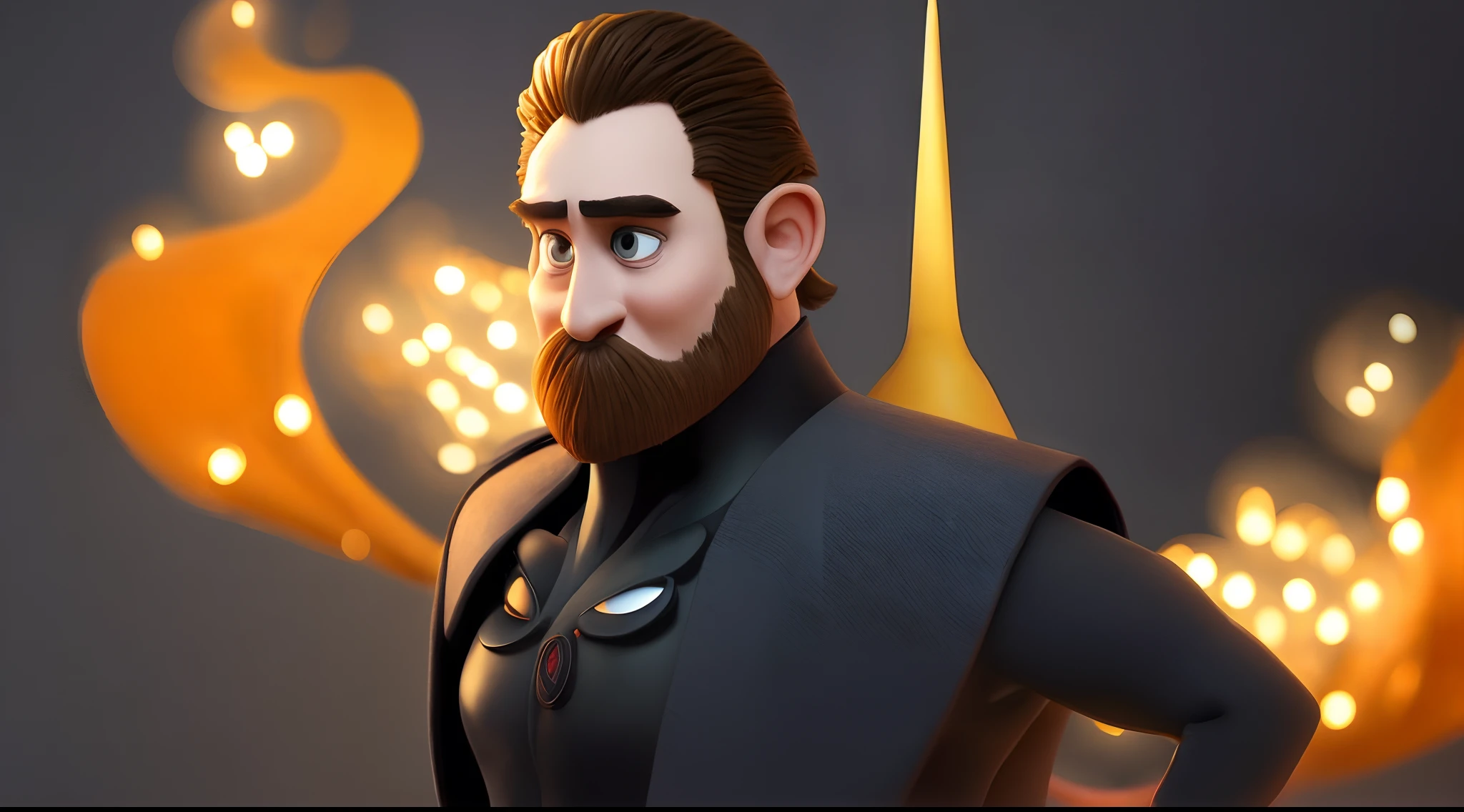 Pixar e disney arte em 3d: homen loiro com barba longa, usando um terno preto com fundo com luzes roxas modernas