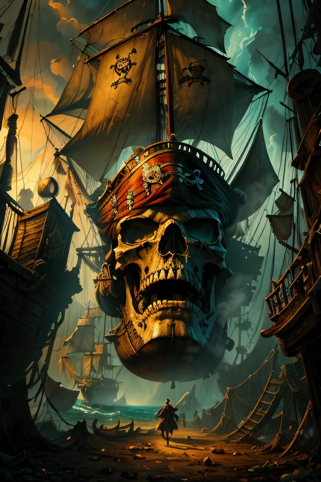 (best quality:1.2), vintage painting, Captain Jack Sparrow, Pirates of the Caribbean, skull face, cadaverous body, inside an abandoned pirate ship, vibrant colors, dramatic lighting