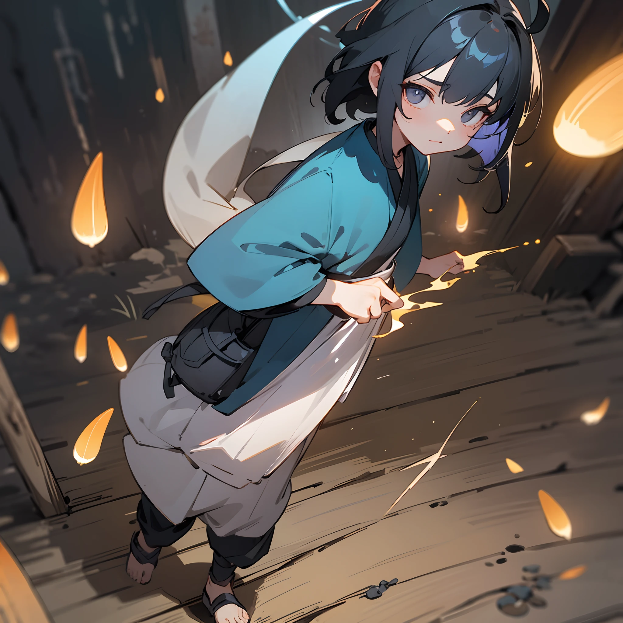 1female, , finely detailed grey eyes, messy medium black hair with blue highlights, night time village, posing with hand in pocket, loose ninja clothing, walking down shrine path, fireflies