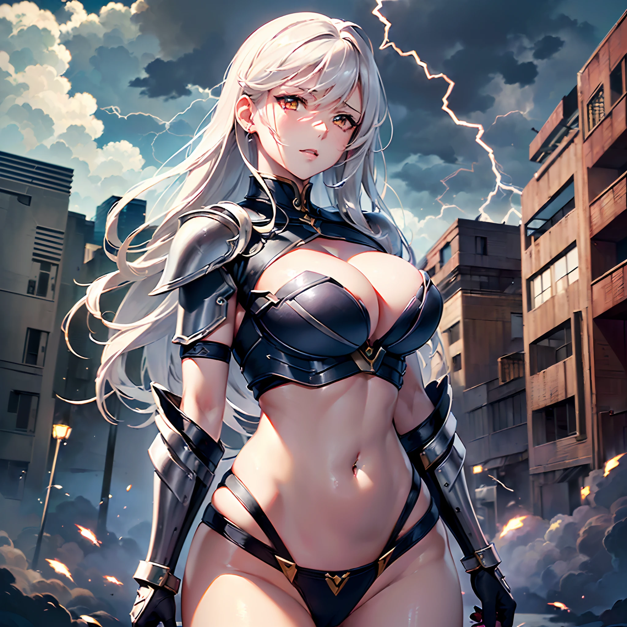 ((Finest quality)),(超A high resolution),(ultra-detailliert),(Meticulous portrayal),((Best Anime)),(Finest works of art),sharpnes,Clair, ((Dark clouds:1.6,thunderbolt:1.5)), (Woman in revealing armor:1.5),cleavage of the breast:1.5,belly button piercing,Proportioned proportions, building destroyed:1.8