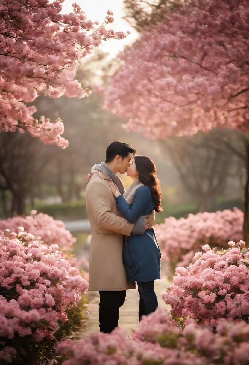 Korean Man, A 32-year-old brunette and a 26-year-old, Korey Girl, wife, fami, Love, romance, Romantic, Flowers, Nature, Azaleas, Korean Man, A 32-year-old brunette and a 26-year-old, Korey Girl, wife, fami, Love, romance, Romantic, Flowers, Nature, Azaleas, the trees, Photorealistic, High Resolution, ((perfect hand)), ((a perfect face)), Hair with lots of details, Photorealism Detailed Rendering, Stunning portrait of a realistic face, Beautiful, ((Beautiful winter background)), 1 - Standing in an embrace, 2 - look into each other's eyes, 3 - a man hugging a girl from behind, 4 - Man and Girl Kissing.
