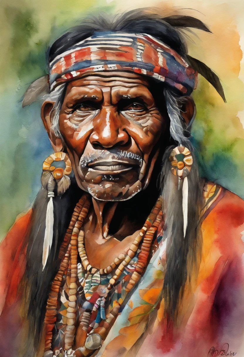 70 year old man with tribal clothes in a tropical enviroment. White harr, big ang gigant fluffy eyebrows, that absolutly cover up the eyes. Black skin. Wears a quarterstaff.