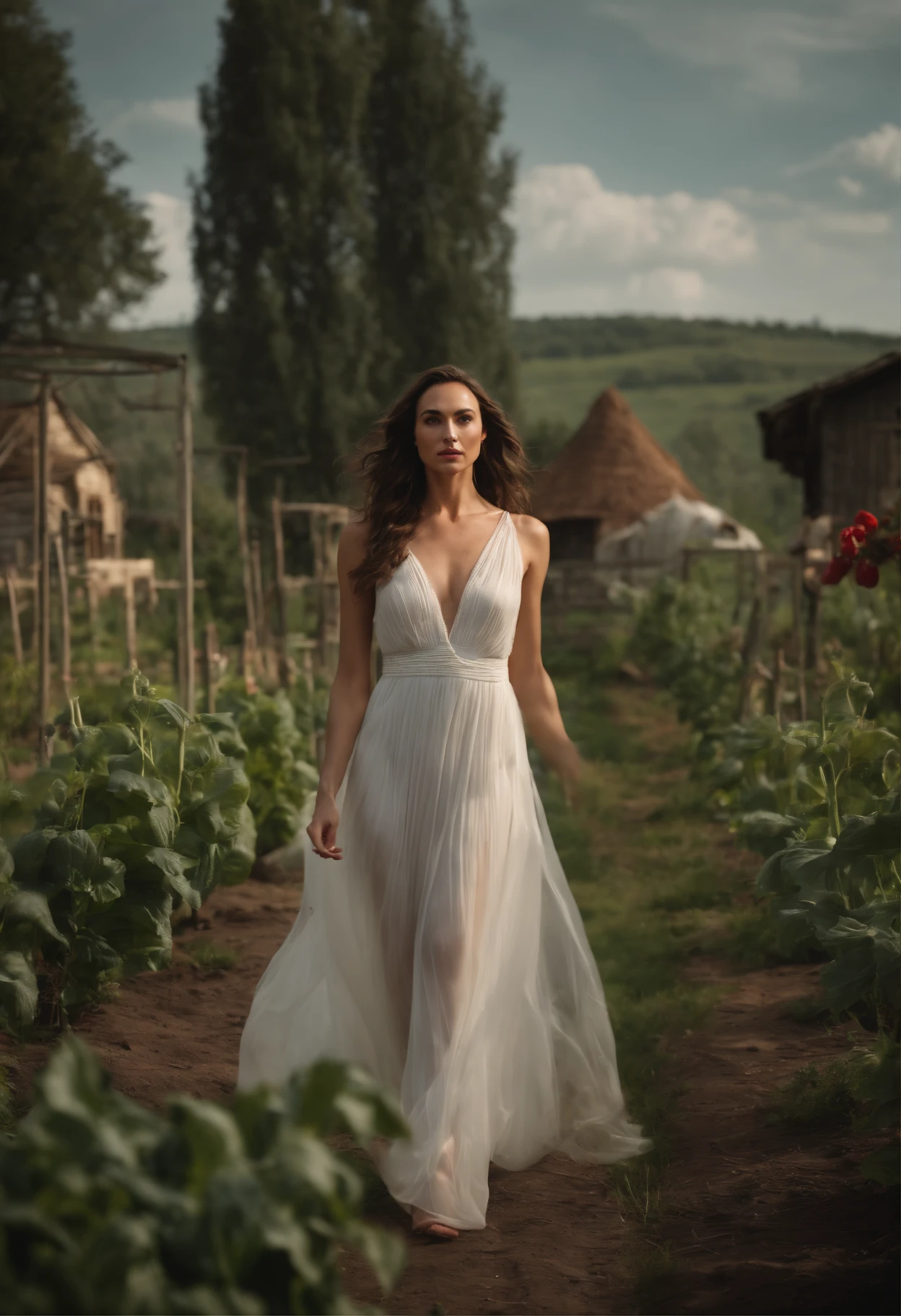 Gal Gadot in transparent sexy white dress in full-length on the background of the Russian village, Summer, vegetable garden