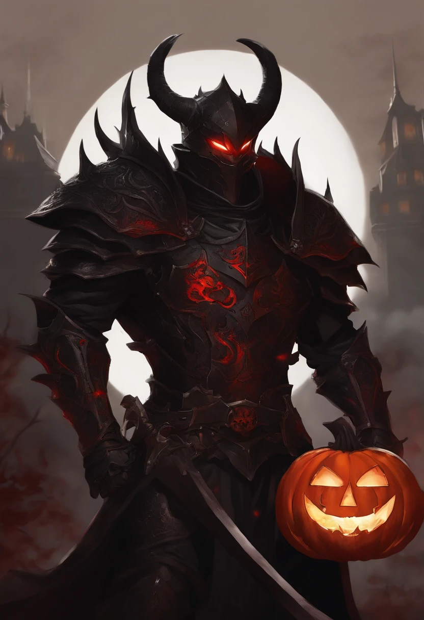 Full body person wearing a black outfit with red eyes, Halloween,(((Halloween Theme Bloody Moon, Pumpkin, Lantern))), berserk skullknight black armor, handsome guy in demon slayer art, lord of cinder, by Yang J, prince crown of black gears, badass anime 8 k, dragon knight, the former demon king, trigger anime artstyle, face of an armored villian, demon hero, draconic looking armor