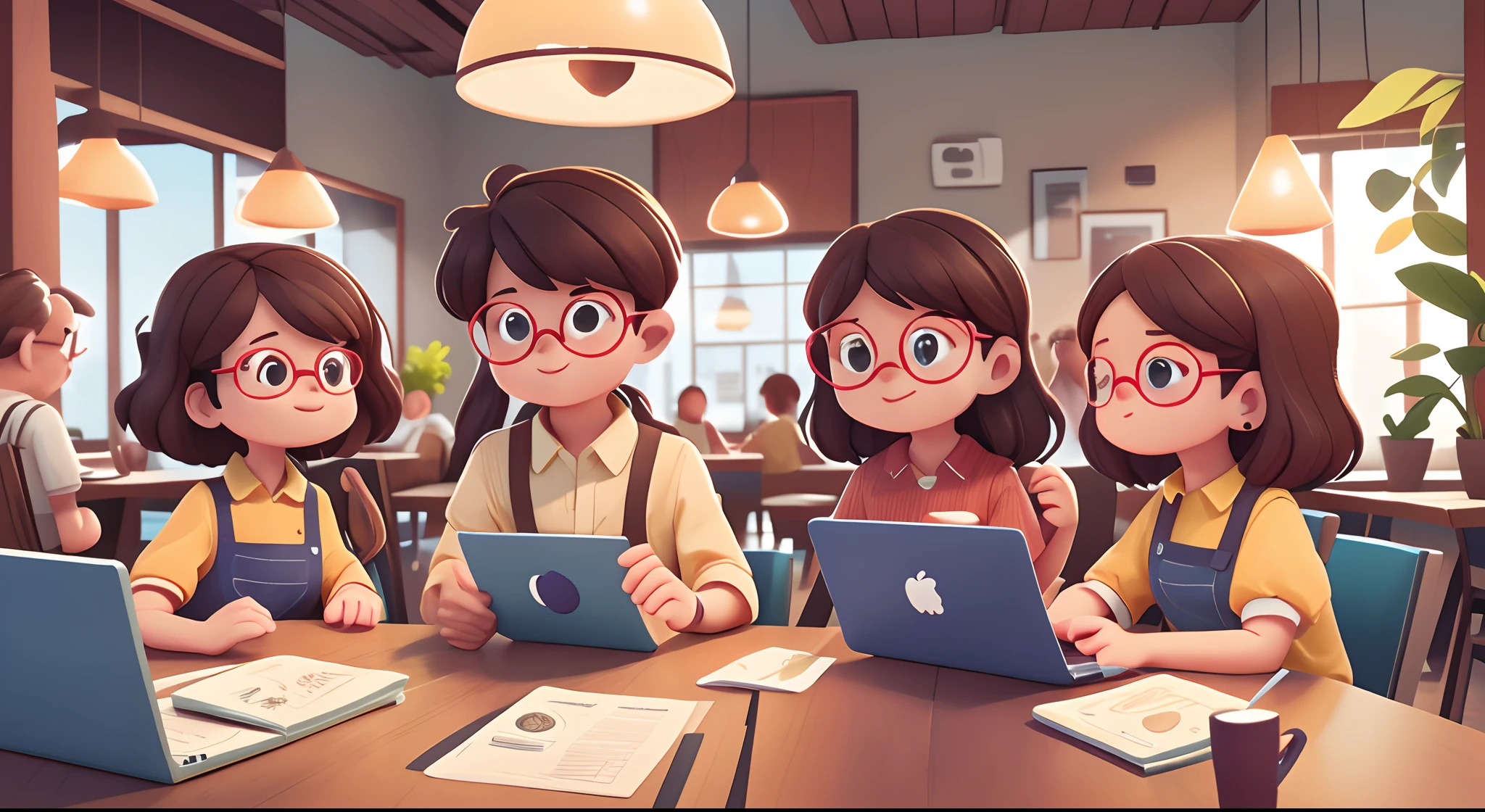 A group of programmers sitting at a table in a restaurant working to fix a programming error on a laptop.