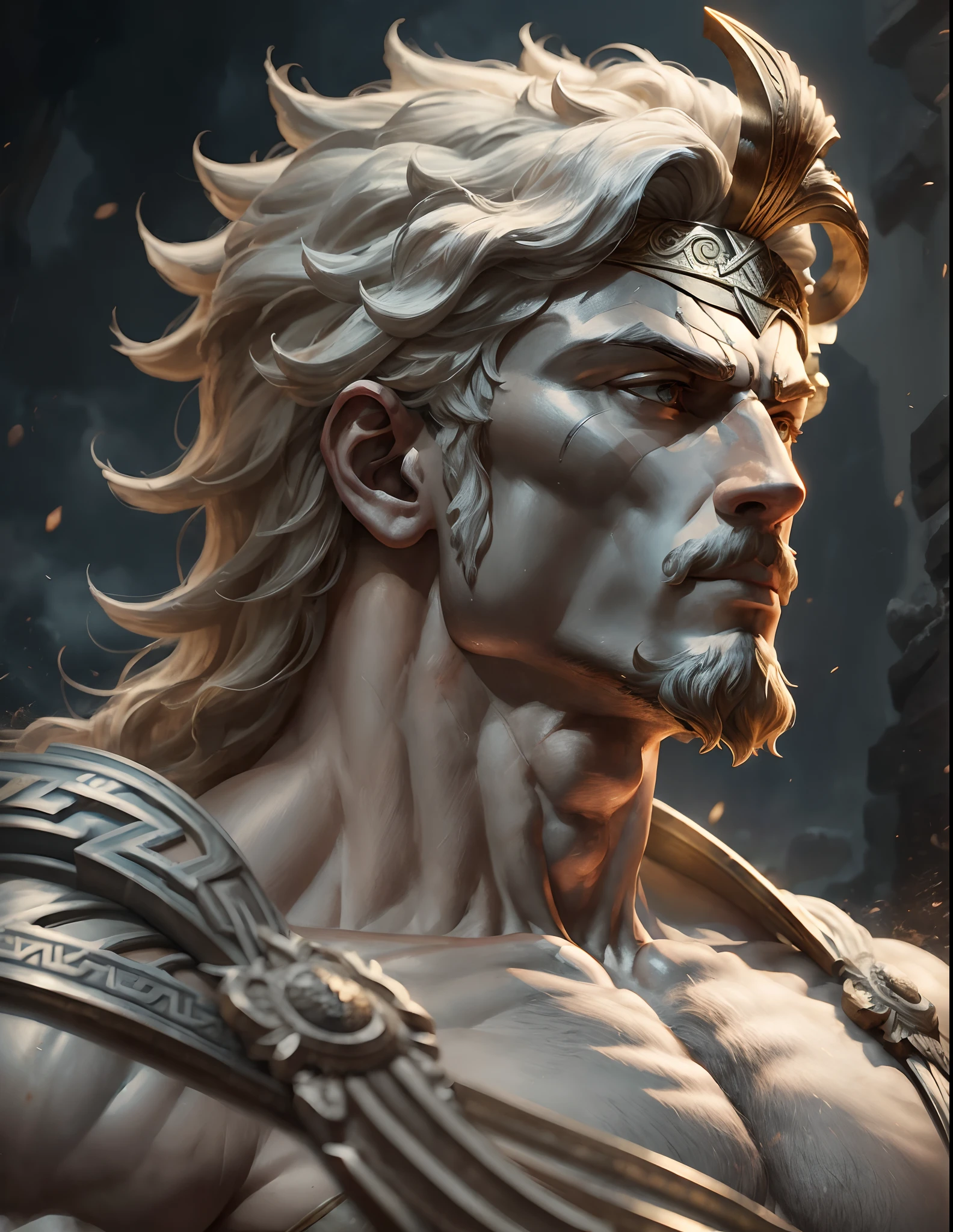 Zeus ruler of other Greek gods which is Greek historical status with Muscles from the profile of Hercules 8k cinematic and dark background --auto --s2