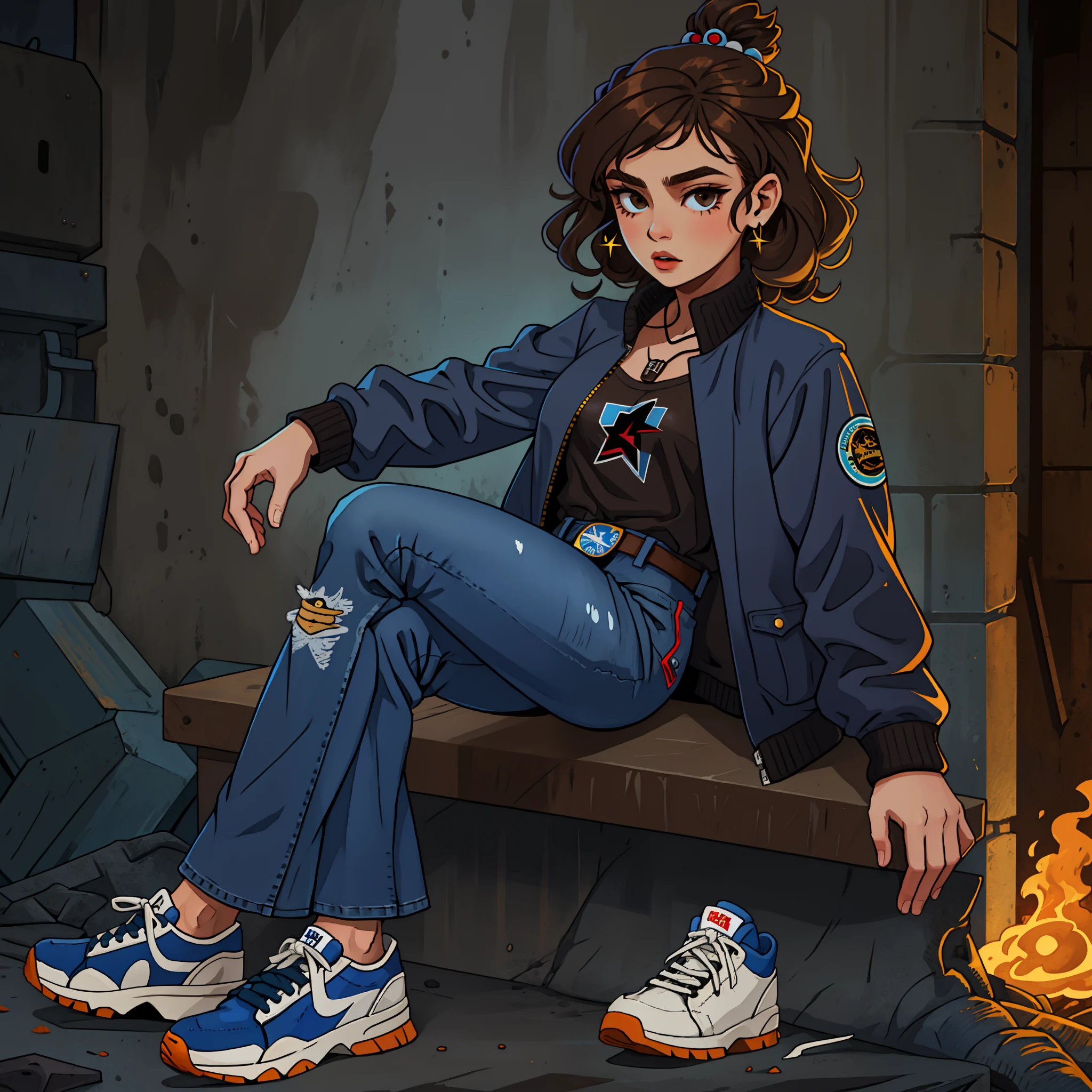 uma menina, Medium-sized brown hair curled, Olhos azuis detalhados, jaqueta branca, blusa preta, blue jeans, sapatos all-star pretos, HQ Estilo de Arte, HQ Style Dash, SFW