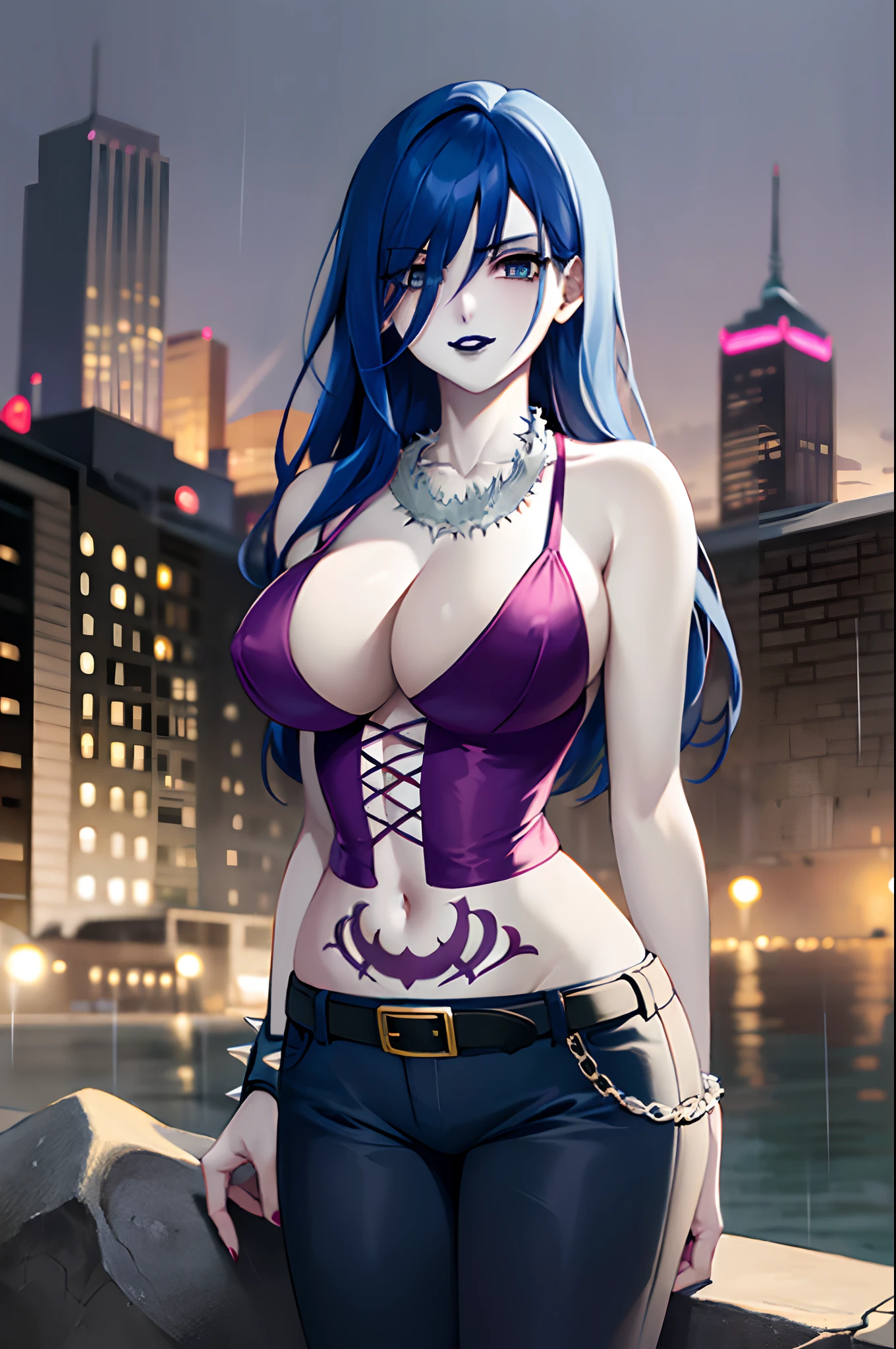 ((best quality)), ((highly detailed)), masterpiece, ((official art)), detailed face, beautiful face, (detailed eyes, deep eyes),(cowboy shot:1.1),juviagmg, blue hair, (lips), looking at viewer, upset (RockOfSuccubus),middle finger, large breasts, navel,(purple), cleavage, midriff, belt, pants, (tattoo:1.1), pubic tattoo,makeup, (colored skin:1.3), (black lips:1.3),(lipstick), (pale skin:1.5), cross-laced clothes, (spiked bracelet), necklace, bustier,scenary, city, outdoors, (rain:1.2), (water drop:1.2), night, sky, moon,intricately detailed, hyperdetailed, blurry background,depth of field, best quality, masterpiece, intricate details, tonemapping, sharp focus, hyper detailed, trending on Artstation,1 girl, high res, official art, ((arms behind back))