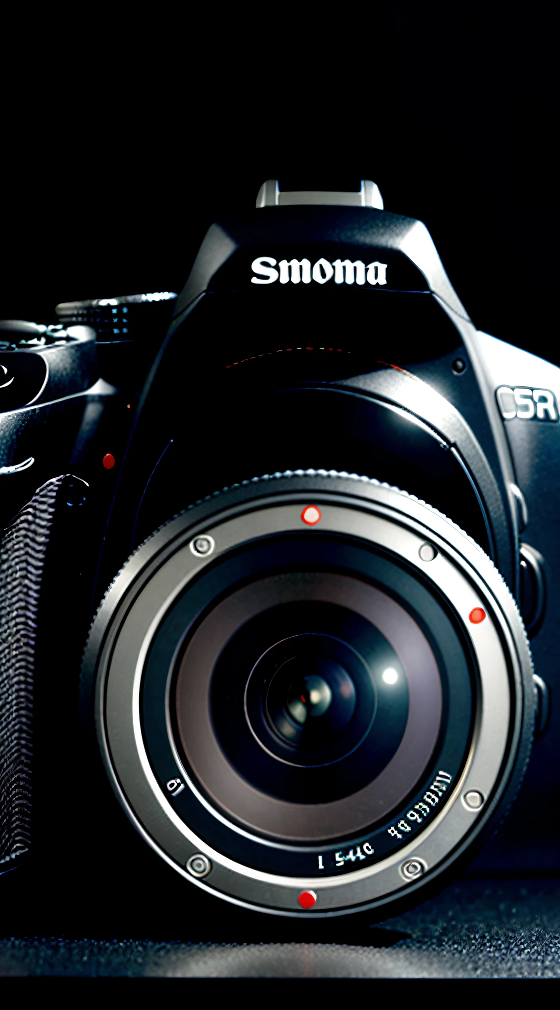 Photorealistic, real, realistic, an SLR camera, black background