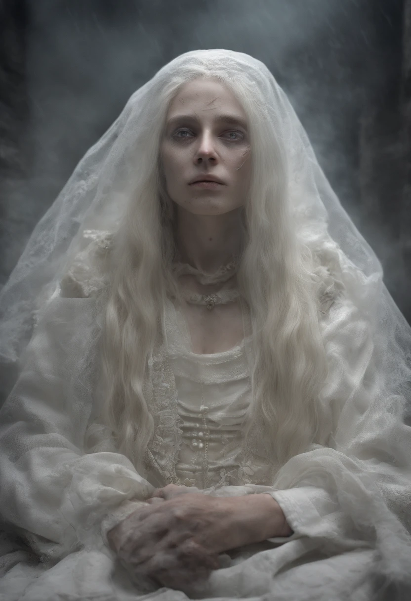 Cadre de corps mince, Fetal position, in an unearthed grave, Cinq grands yeux, peau blanche fantomatique, Realstic, androgyne, Pluton, 1girl, solo, long hair, looking at viewer, white eyes, empty eyes, long white hair, shed, sparse hair, no humans, old, ghost, fog, portrait, horror (theme), (((blurry))), masterpiece, high quality, realistic, detailed, 8k, horror theme, Negative prompt