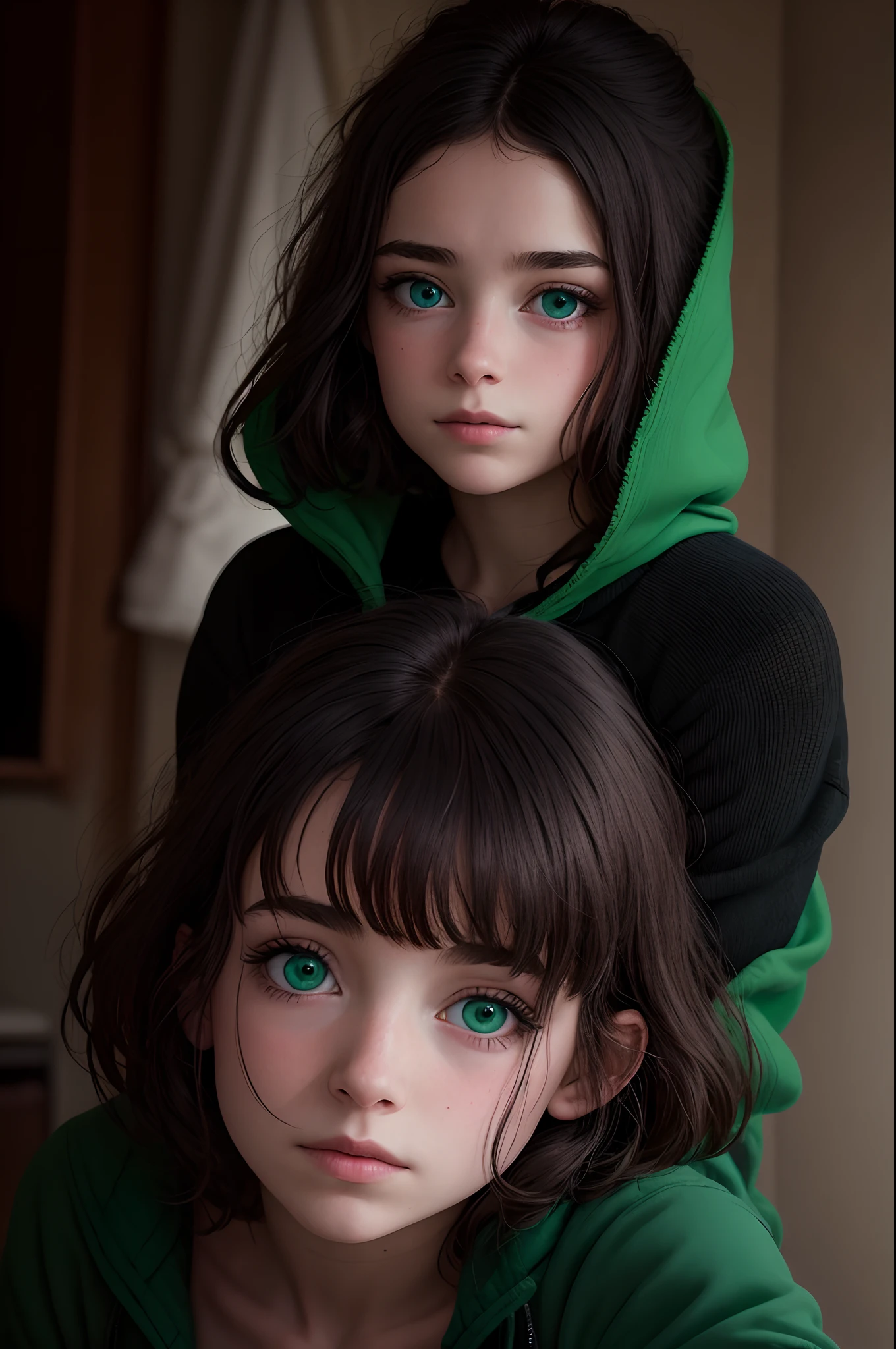 Une fille de environ avec des cheveux longs noir et des yeux vert et une grosse poitrine