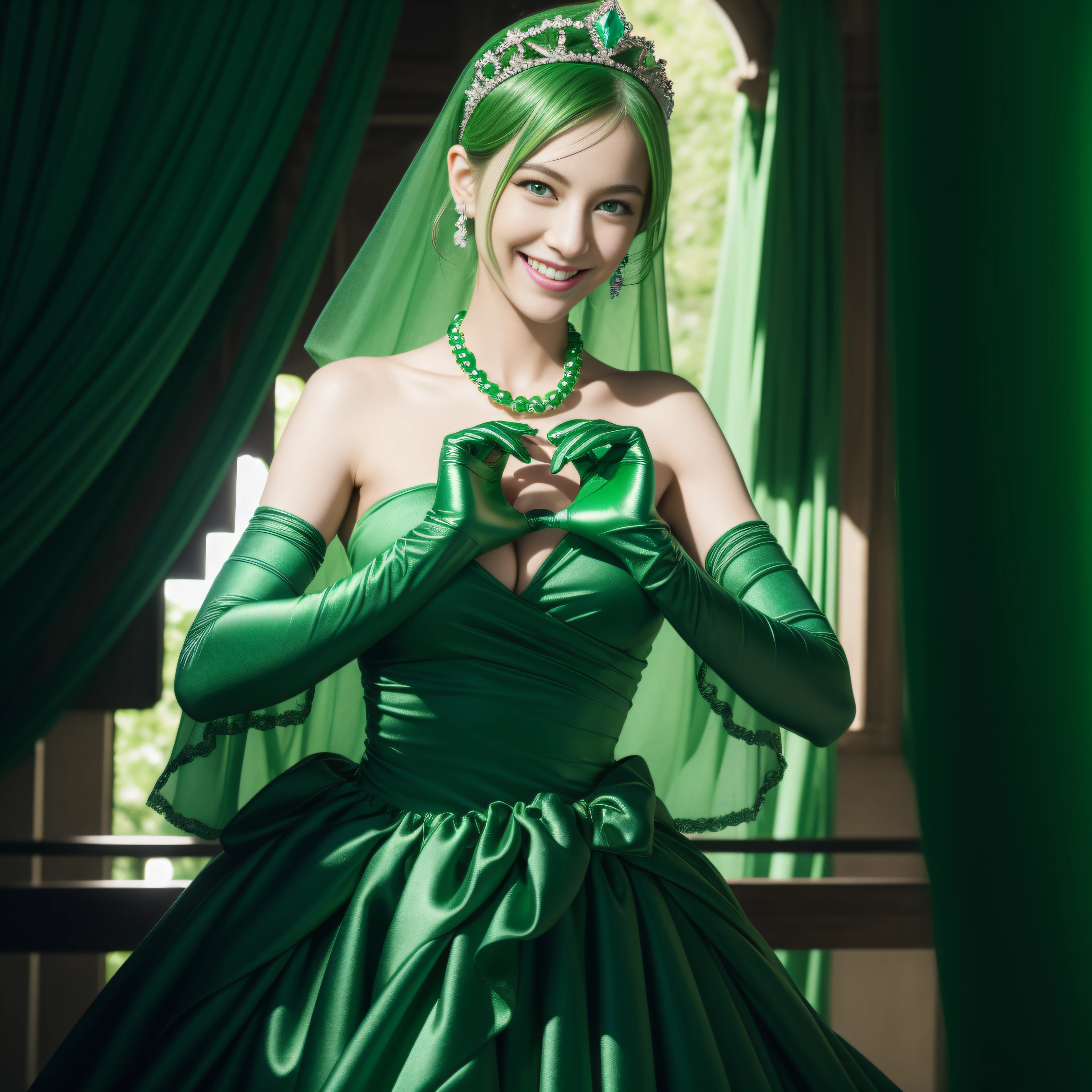emerald tiara, Green Pearl Necklace, Boyish very short green hair, lipsticks, Japan woman smiling, very short short hair, big breasts beautiful, Green eyes, Long green gloves made of satin material, Green eyes, Emerald Earrings, green vale, Heart with both hands