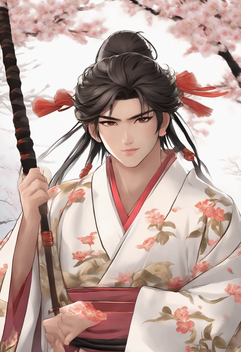 (best quality,4k,8k,highres,masterpiece:1.2),ultra-detailed,realistic,physically-based rendering,male manga character,portraying Félicio on his kimono,strong and intense gaze,meticulously detailed facial features,exquisite detailed lips and eyes,bandaged arms,forehead band,samurai-style kimono,elegant and vibrant color palette,traditional Japanese textile patterns,highlighting the intricate kimono design,lit by soft natural daylight,subtle shadows adding depth and dimension,crisp and clear focus,capturing every intricate detail with precision,traditional Japanese garden in the background,serene atmosphere,delicate cherry blossom trees,blooming with vibrant pink flowers,creating a sense of tranquility and harmony,aesthetic blend of manga and classical Japanese art style,emotionally captivating artwork.