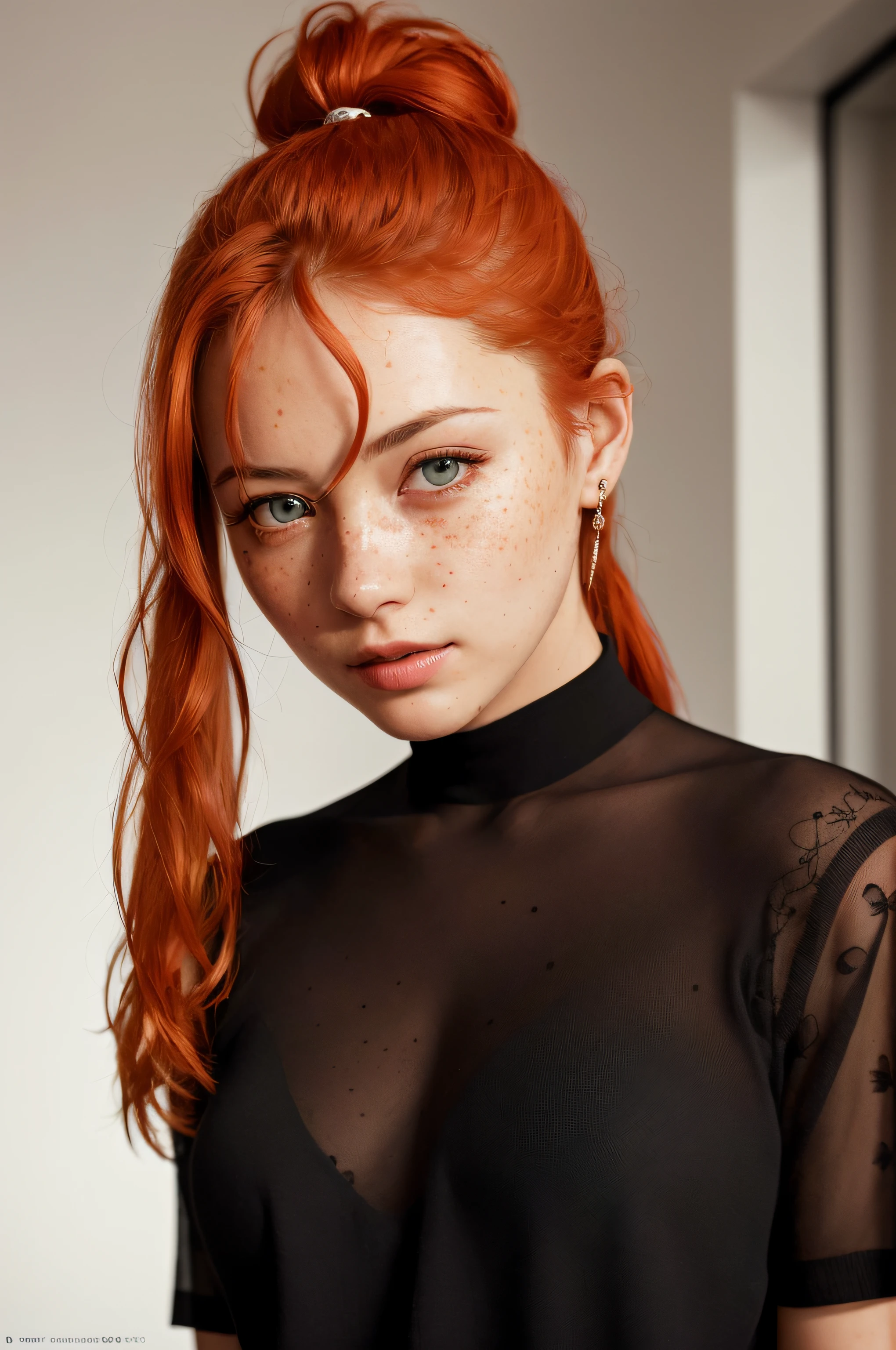 A close up of a woman with red hair and a black top - SeaArt AI