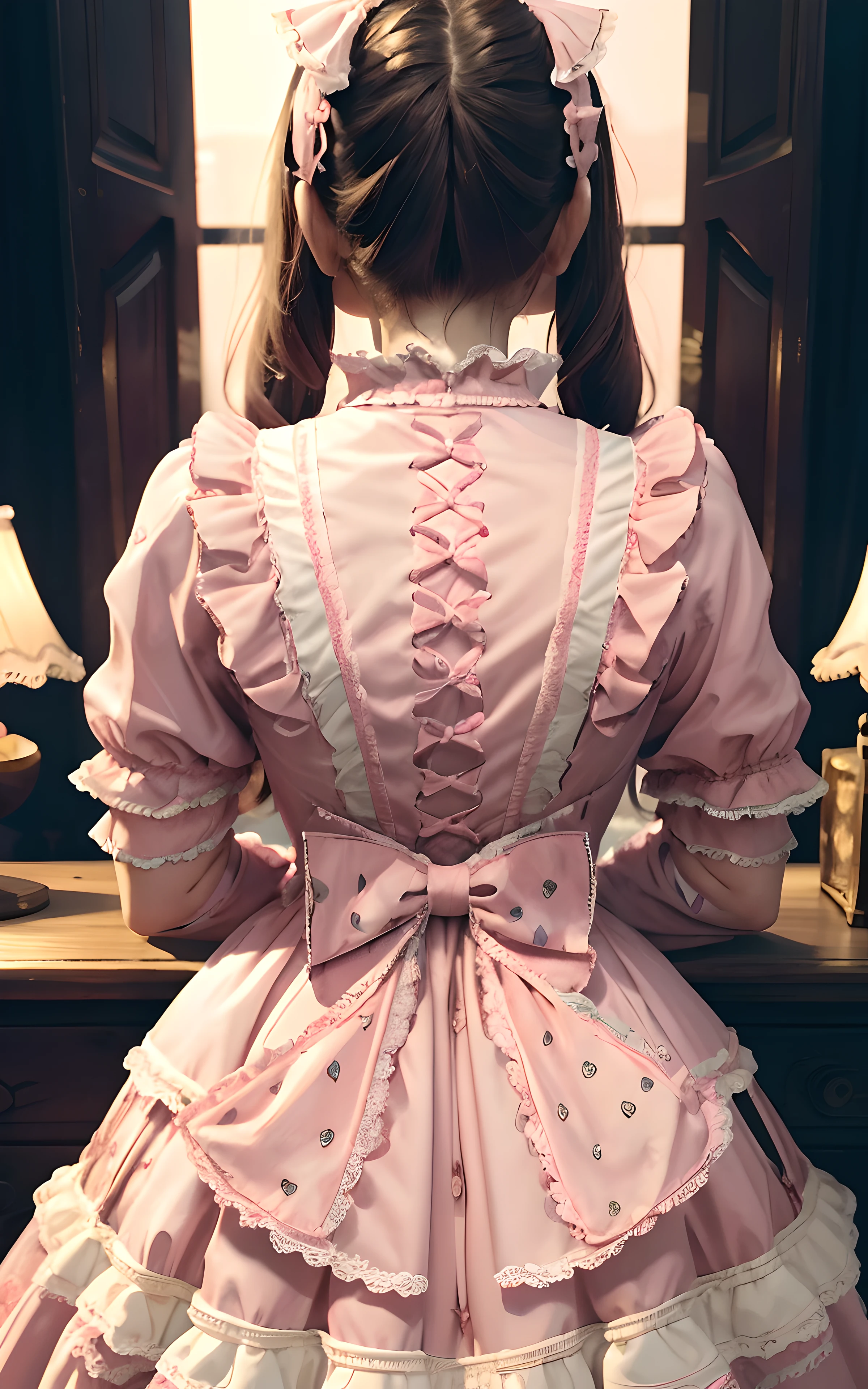 (masterpiece:1.2), best quality, highres, original, (extremely detailed:1.2), ultra-detailed, wallpaper, perfect lighting,(extremely detailed CG:1.2), 8K, 1girl, solo, Girl in Pink ta Dress, Pink background, (Strawberries, Rabbits, Butterflies:0.8), Loliress, lofa, wearing lofa, Back View, back-angle, from behind, Girly, (Strawberry Design:0.9)