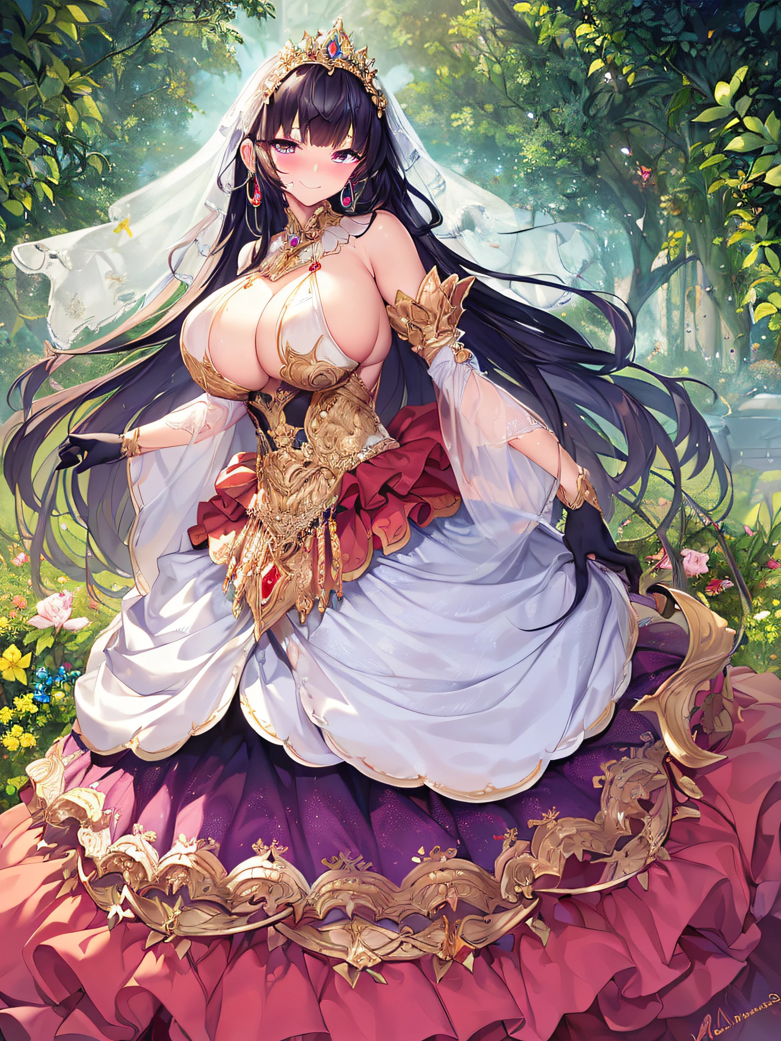((Anime Art Style)),(masutepiece),(Best Quality), (Super Detail),((Very delicate and beautiful)),((Full body portrait)),((Stand in the garden)),((Solo)),(finely detailed face and eyes),((Seductive smile,embarrassed)),(((One princess in very gorgeous princess ballgown with voluminous full length hoop skirt))),(enormous Crinoline Hoop Skirt),Long Train,Gorgeous embroidery and jewelry,voluminous ruffles,(((very gigantic boobs,Skindentation))),((large amount of straight hair,extremely voluminous Hair,Very Long Straight Hair)),(finely detailed face and eyes),((Seductive smile,embarrassed)),extremely gorgeousfull hair ornament,(very gorgeous tiara adorned with bling-bling jewels),Glitter Gorgeous Gemstone Jewelry,Gorgeous Long Veil,(opera gloves),(Beautiful background),(Full body),((gorgeous princess ballgown with voluminous full length hoop skirt)),