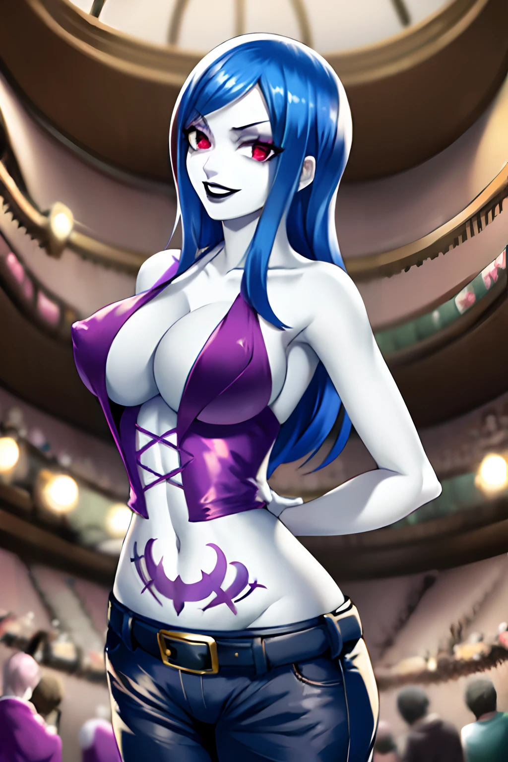 punk, crazy, fairy tail, mind control, hypnosis, clothing, corruption, rock, cloth, brainwash, rock of succubus, juvia_lockser, ((best quality)), ((highly detailed)), masterpiece, ((official art)), blue hair, (lips), looking at viewer, grin, teeth,(RockOfSuccubus), large breasts, navel, (purple), cleavage, midriff, belt, pants, (tattoo:1.1), pubic tattoo,makeup, (colored skin:1.3), (black lips:1.3),(lipstick), (pale skin:1.5), cross-laced clothes, ((arms behind back))