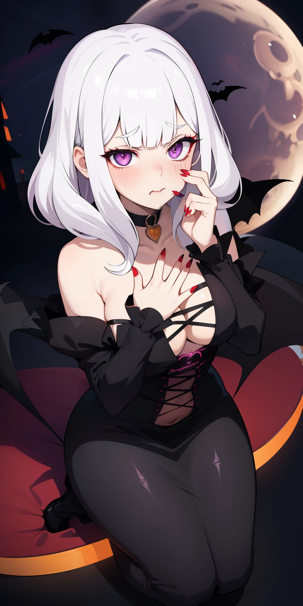 1 Vampire girl, Bloody Moon,heart-shaped pupils,fingernails,hands on own face,white hair,purple eyes,(blush:1.1),choker,Full body,(speed lines:1.1), Clevage ,((heavy breathing:1.3)), love, heart, happy, Serious Look towards Viewers, Halloween, Lantern in hand, Flying bats, Witch caste behind