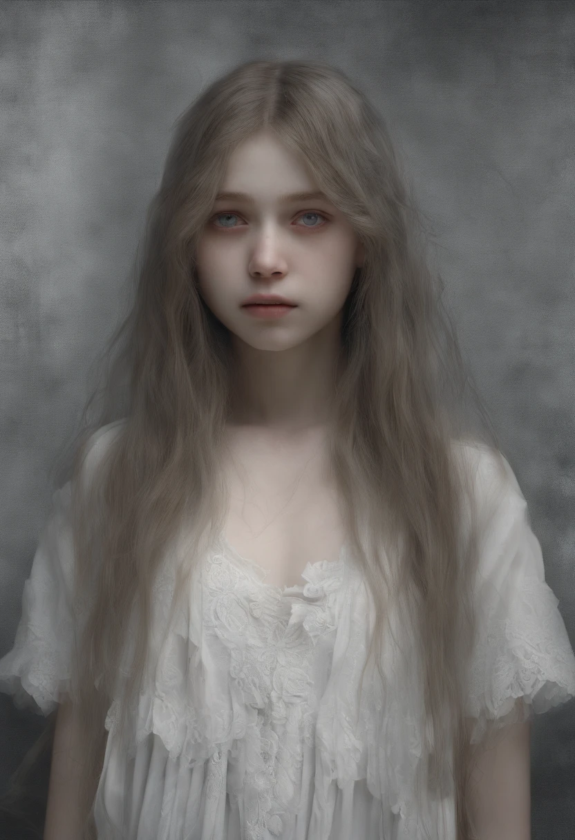 1girl, solo, long hair, looking at viewer, white eyes, empty eyes, long white hair, shed, sparse hair, no humans, old, ghost, fog, portrait, horror (theme), (((blurry))), masterpiece, high quality, realistic, detailed, 8k, horror theme,