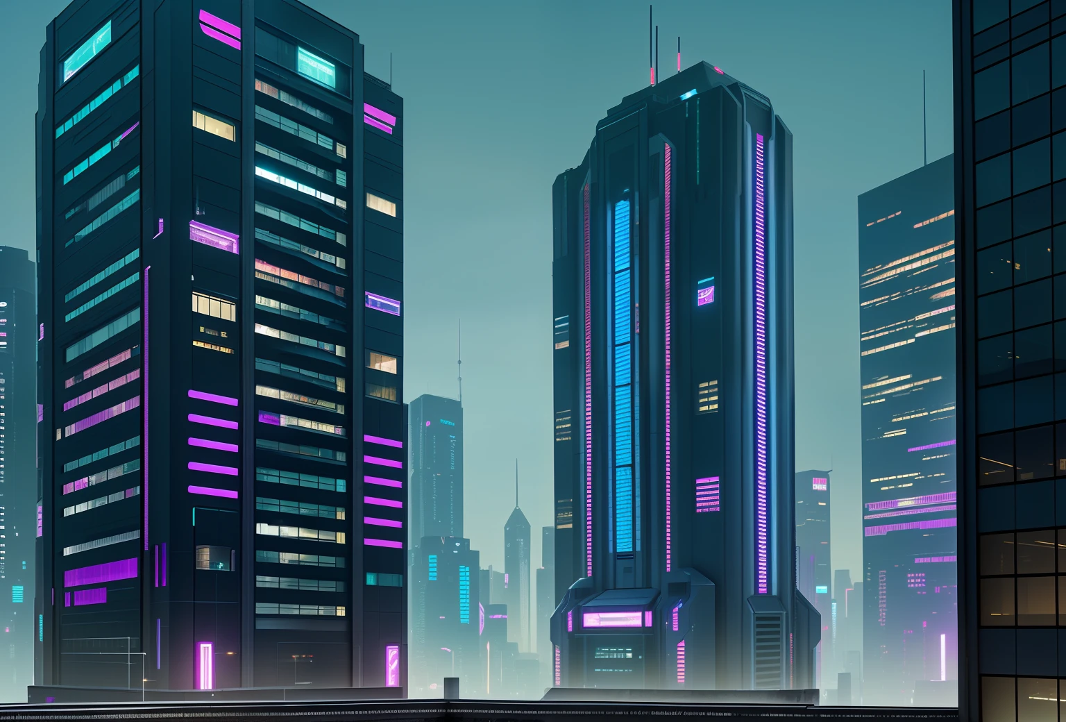 The cyberpunk building seen from the window of the room　
nighttime scene　Buildings of the future