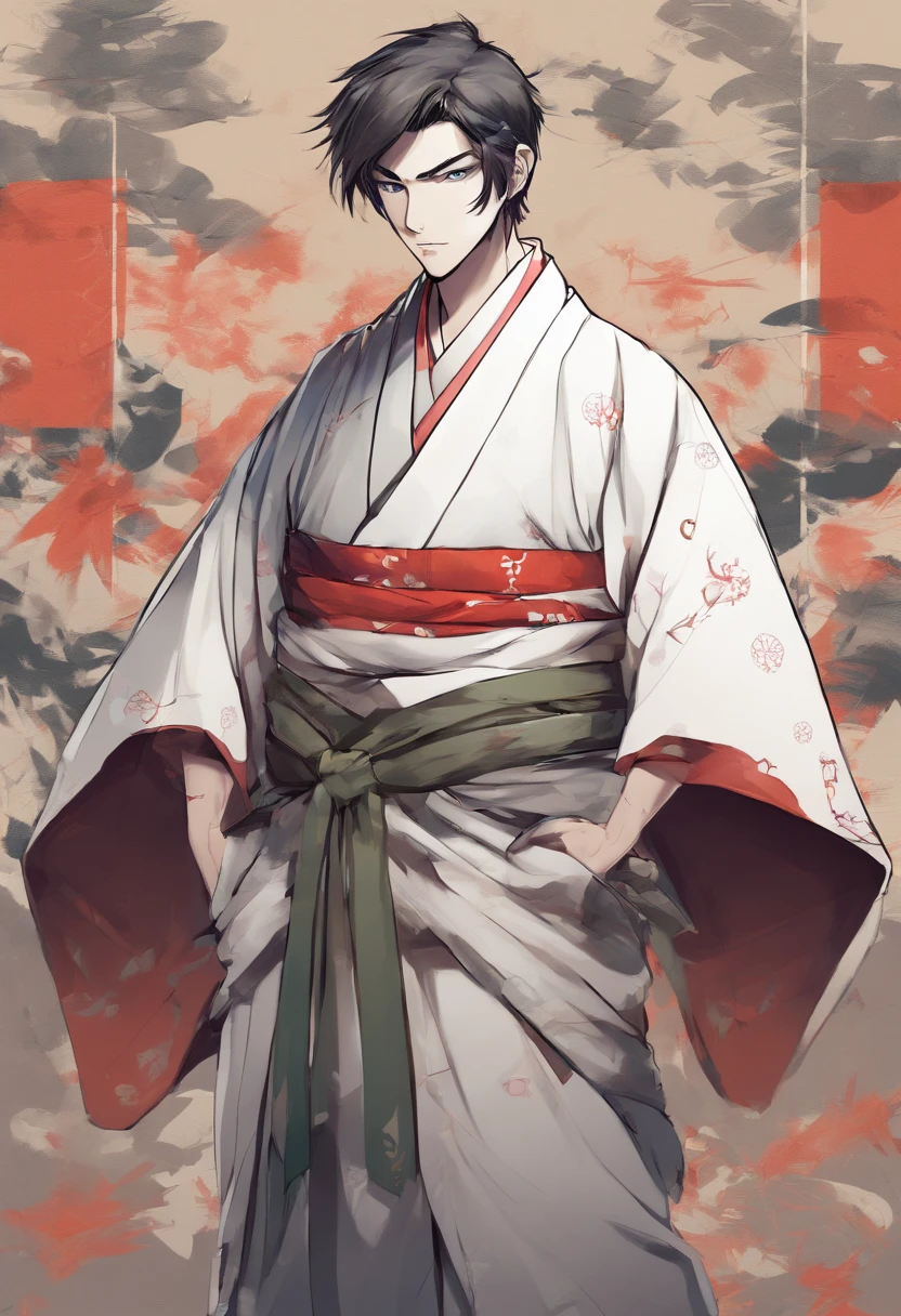 Personnage de manga masculin portant un kimono avec pour inscription "Félicio" sur le kimono. He wears a forehead band and has bandaged arms.