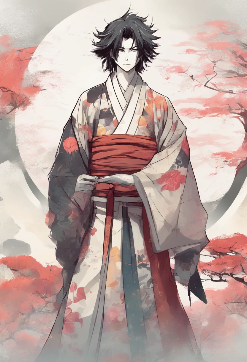 Personnage de manga masculin portant un kimono avec pour inscription "Félicio" sur le kimono. He wears a forehead band and has bandaged arms.