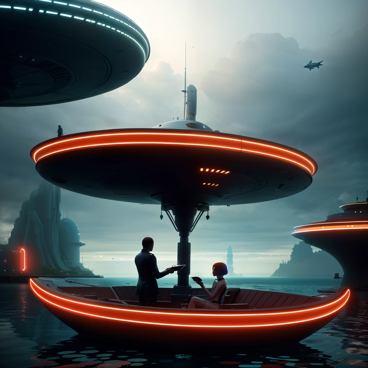 There are two people getting on a boat in the water, fantaisie. Gondoles, depicted as a scifi scene, Vaisseaux spatiaux extraterrestres, Beeple et Jean Giraud, surrealistic digital artwork, par Mike Winkelmann, Sci-fi gadgets in a pond, Soucoupes volantes, surrealist conceptual art, surreal sci fi set design, surrealist art, surreal digital art