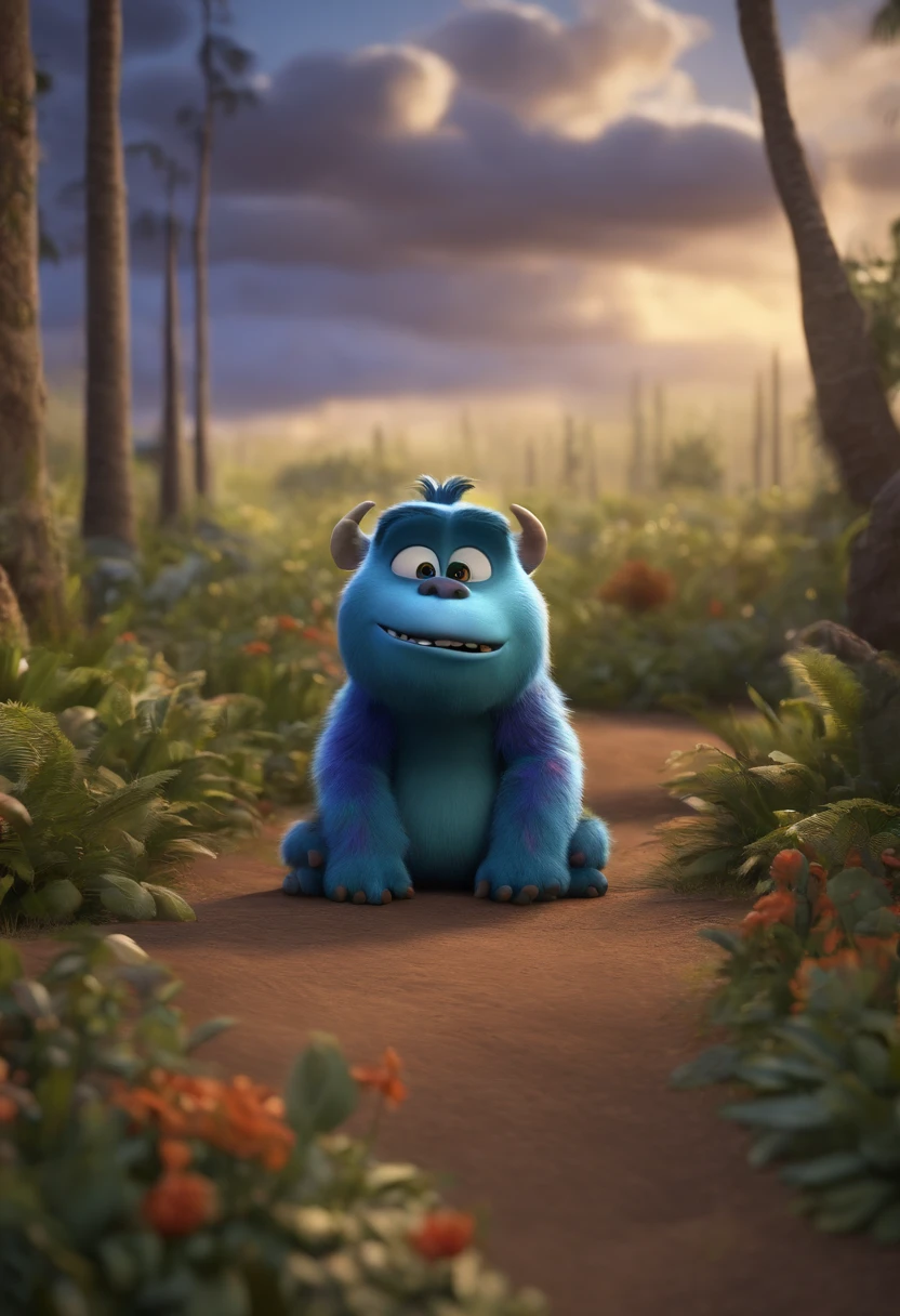 3D post inspired by Pixar/Disney, scene of the character of the monster sa, add highlighted text to the scene saying "pixar twins", disney cartoon scene background, ultra HDR, 16k, full HD, ultra detailed, pixar style, ultra realism --ar 16:9