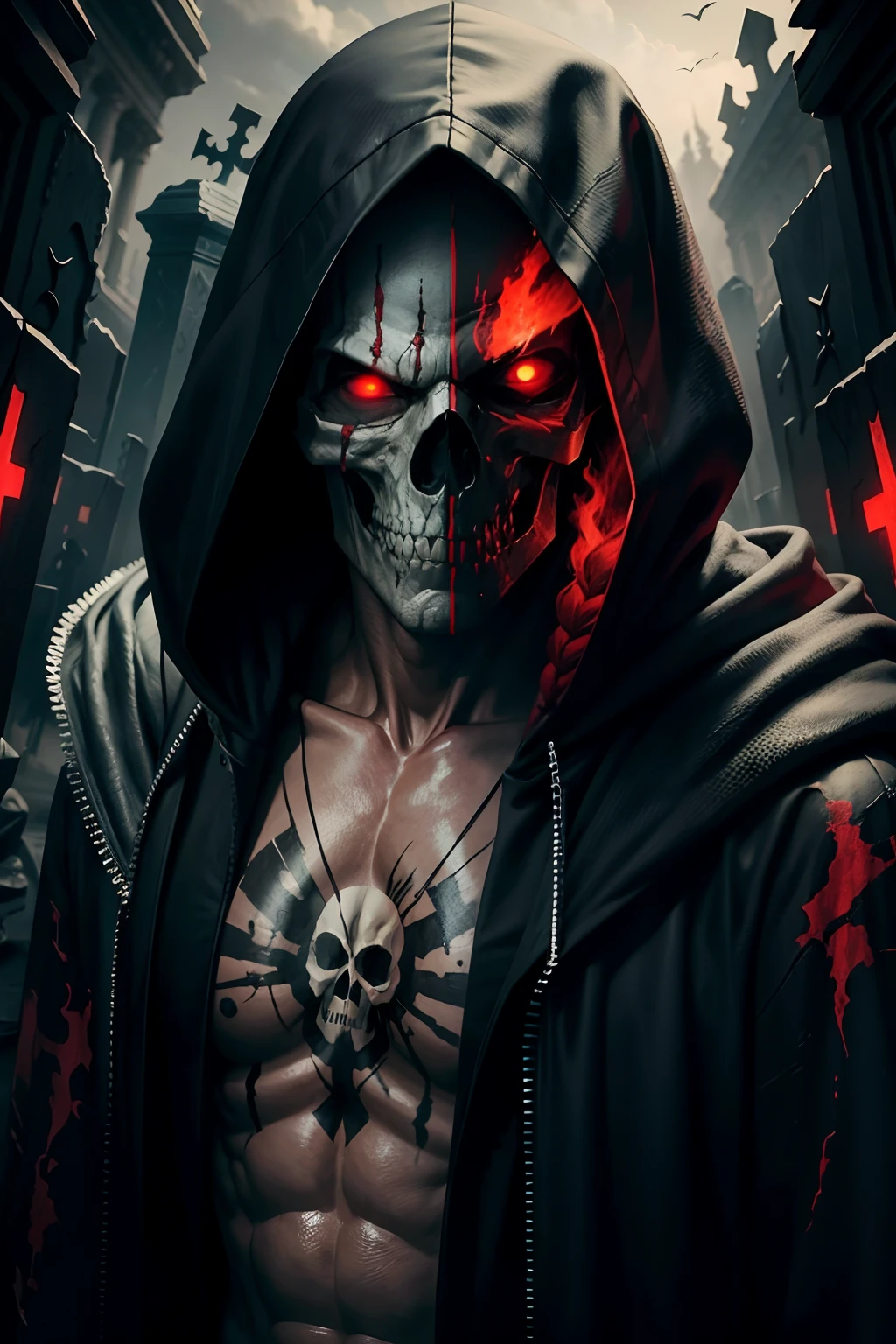 Hooded man With a skull painting 79 on his face Mysterious With red eyes What is the background graveyard Hyper realistic Masterpiece 8K Dark HDR