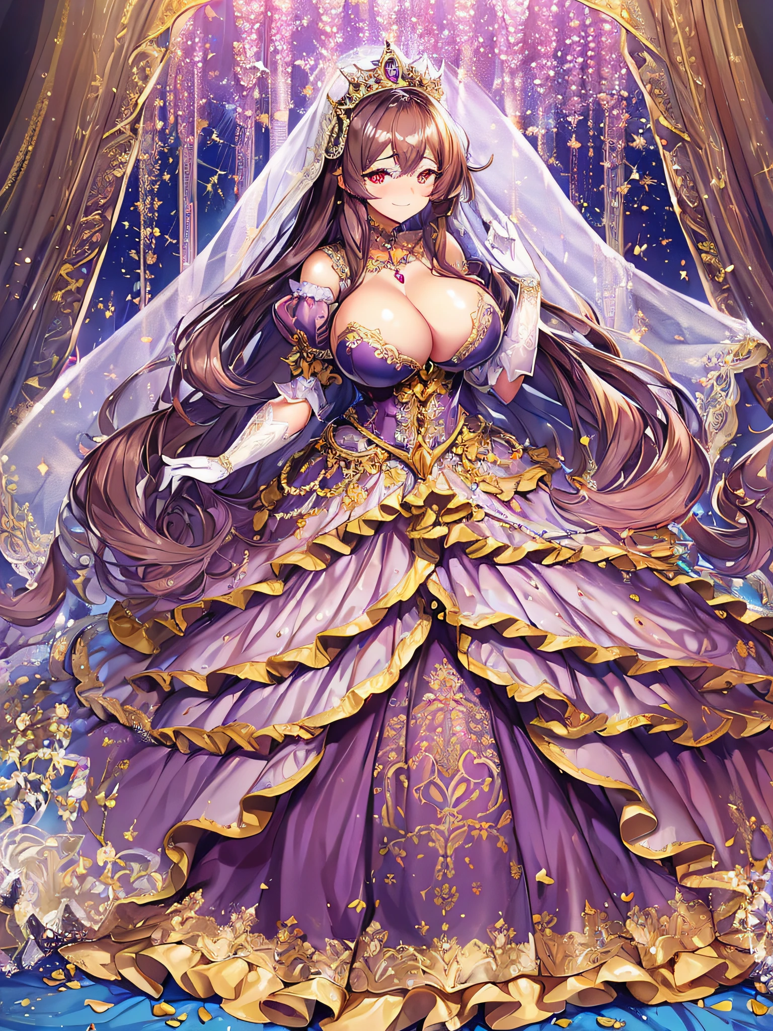 ((Anime Art Style)),(masutepiece),(Best Quality), (Super Detail),((Very delicate and beautiful)),((Full body portrait)),((Stand in the garden)),((Solo)),(finely detailed face and eyes),Seductive smile,embarrassed,(((One princess in very gorgeous princess ballgown with voluminous full length hoop skirt))),(enormous Crinoline Hoop Skirt),Long Train,Gorgeous embroidery and jewelry,voluminous ruffles,(((very gigantic boobs,Skindentation))),((large amount of straight hair,extremely voluminous Hair,Very Long Straight Hair)),(finely detailed face and eyes),((Seductive smile,embarrassed)),extremely gorgeousfull hair ornament,(very gorgeous tiara adorned with bling-bling jewels),Glitter Gorgeous Gemstone Jewelry,Gorgeous Long Veil,(opera gloves),(Beautiful background),(Full body),((gorgeous princess ballgown with voluminous full length hoop skirt)),