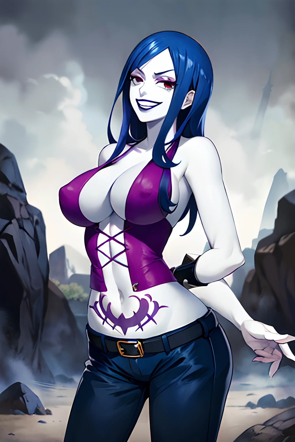 punk, crazy, fairy tail, mind control, hypnosis, clothing, corruption, rock, cloth, brainwash, rock of succubus, juvia_lockser, ((best quality)), ((highly detailed)), masterpiece, ((official art)), blue hair, (lips), looking at viewer, grin, teeth,(RockOfSuccubus), large breasts, navel, (purple), cleavage, midriff, belt, pants, (tattoo:1.1), pubic tattoo,makeup, (colored skin:1.3), (black lips:1.3),(lipstick), (pale skin:1.5), cross-laced clothes, ((arms behind back)),  handcuffed))), restrained