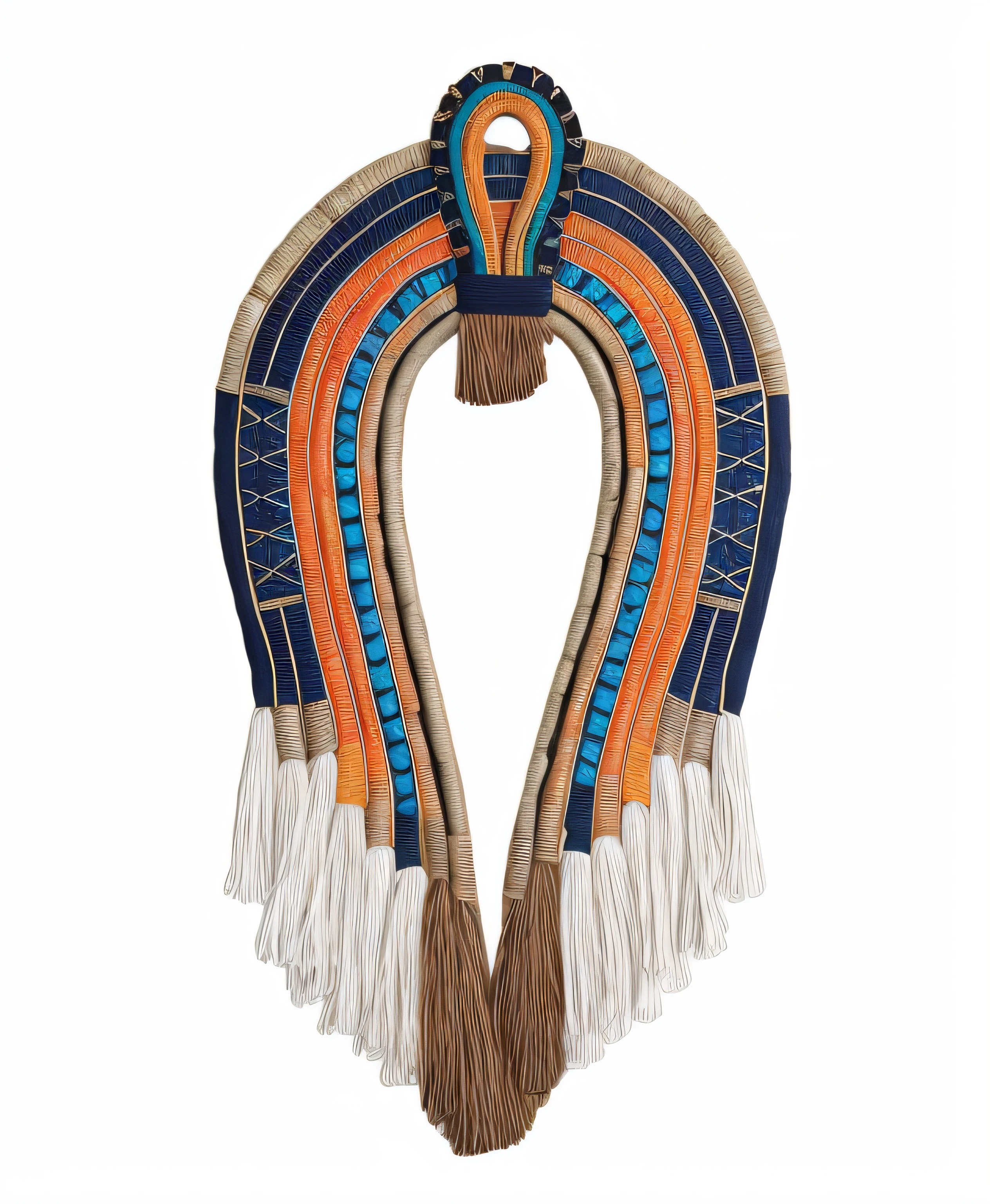um close up de um colar colorido com borlas em um fundo preto, joias tribais, Macrame, White and orange breastplate, Directed by: Nancy Carline, Arte nativa americana, joias ricas nativas, cocar centralizado, Arte nativa, native american folk art, indigenous art, Linhas deslumbrantes, tons vibrantes, obra-prima obra de arte, beautifully symmetrical, Directed by: Charlotte Harding