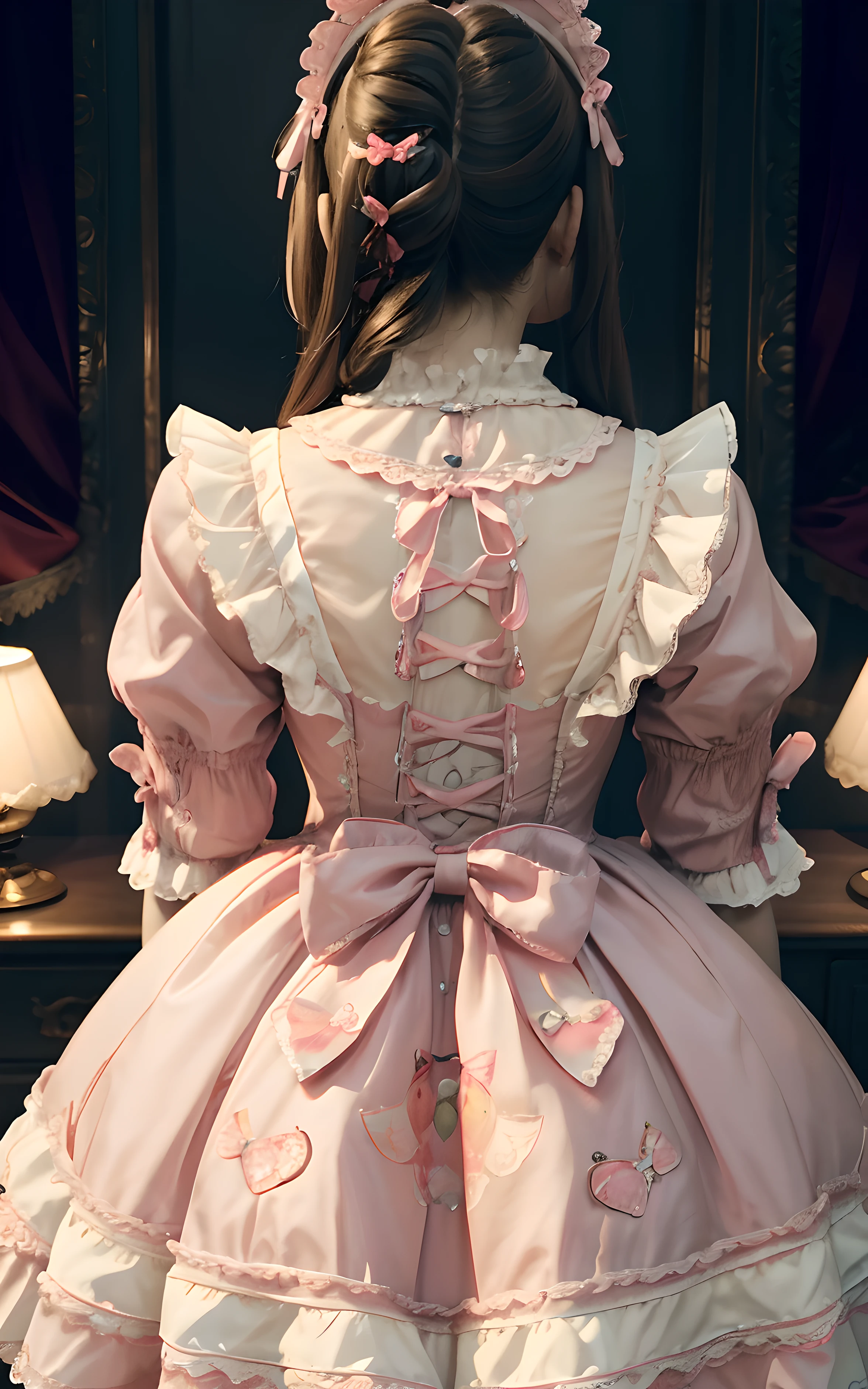 (masterpiece:1.2), best quality, highres, original, (extremely detailed:1.2), ultra-detailed, wallpaper, perfect lighting,(extremely detailed CG:1.2), 8K, 1girl, solo, Girl in Pink ta Dress, Pink background, (Strawberries, Rabbits, Butterflies:0.8), Loliress, lofa, wearing lofa, Back View, back-angle, from behind, Girly, (Strawberry Design:0.9)
