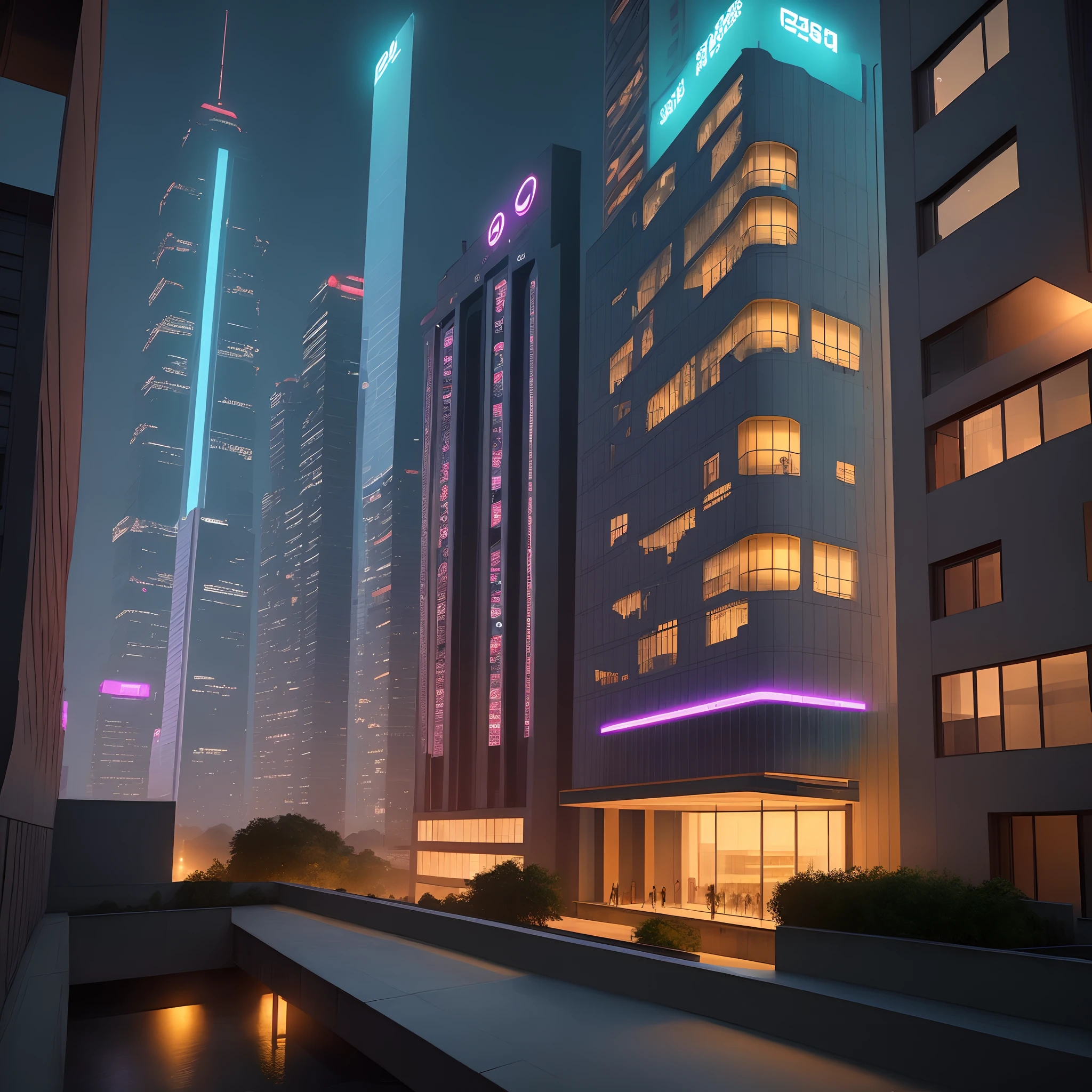 The cyberpunk building seen from the window of the room
nighttime scene Asia's Future Architecture